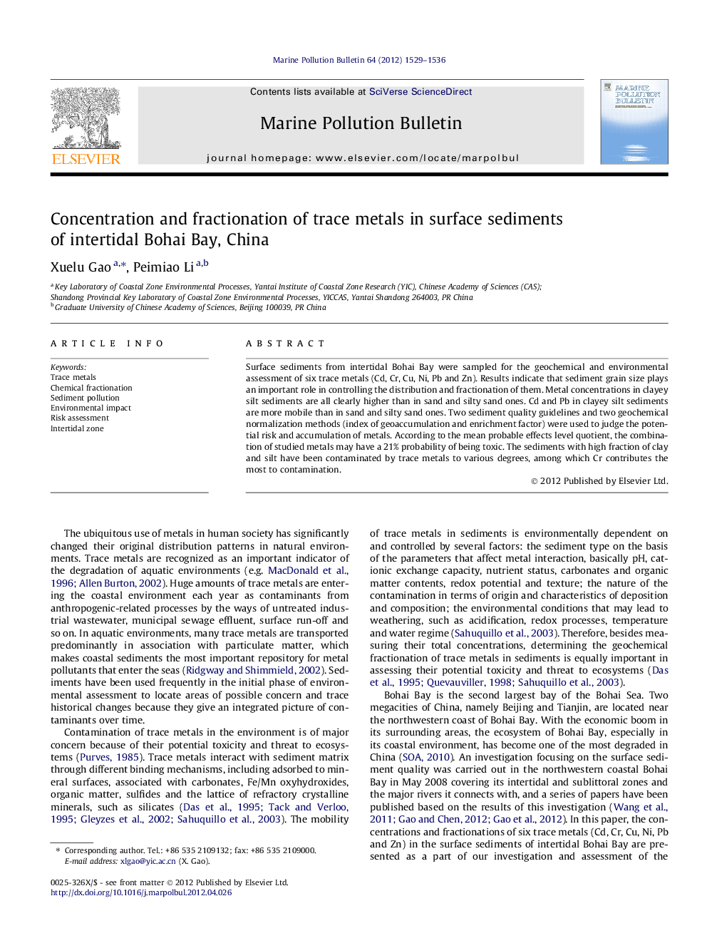 Concentration and fractionation of trace metals in surface sediments of intertidal Bohai Bay, China