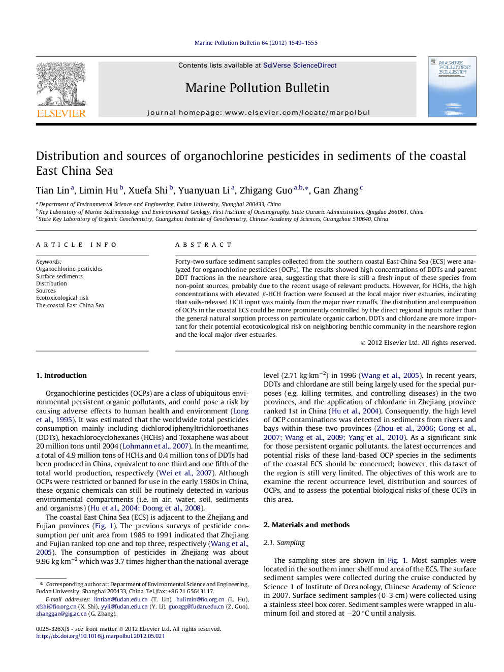 Distribution and sources of organochlorine pesticides in sediments of the coastal East China Sea