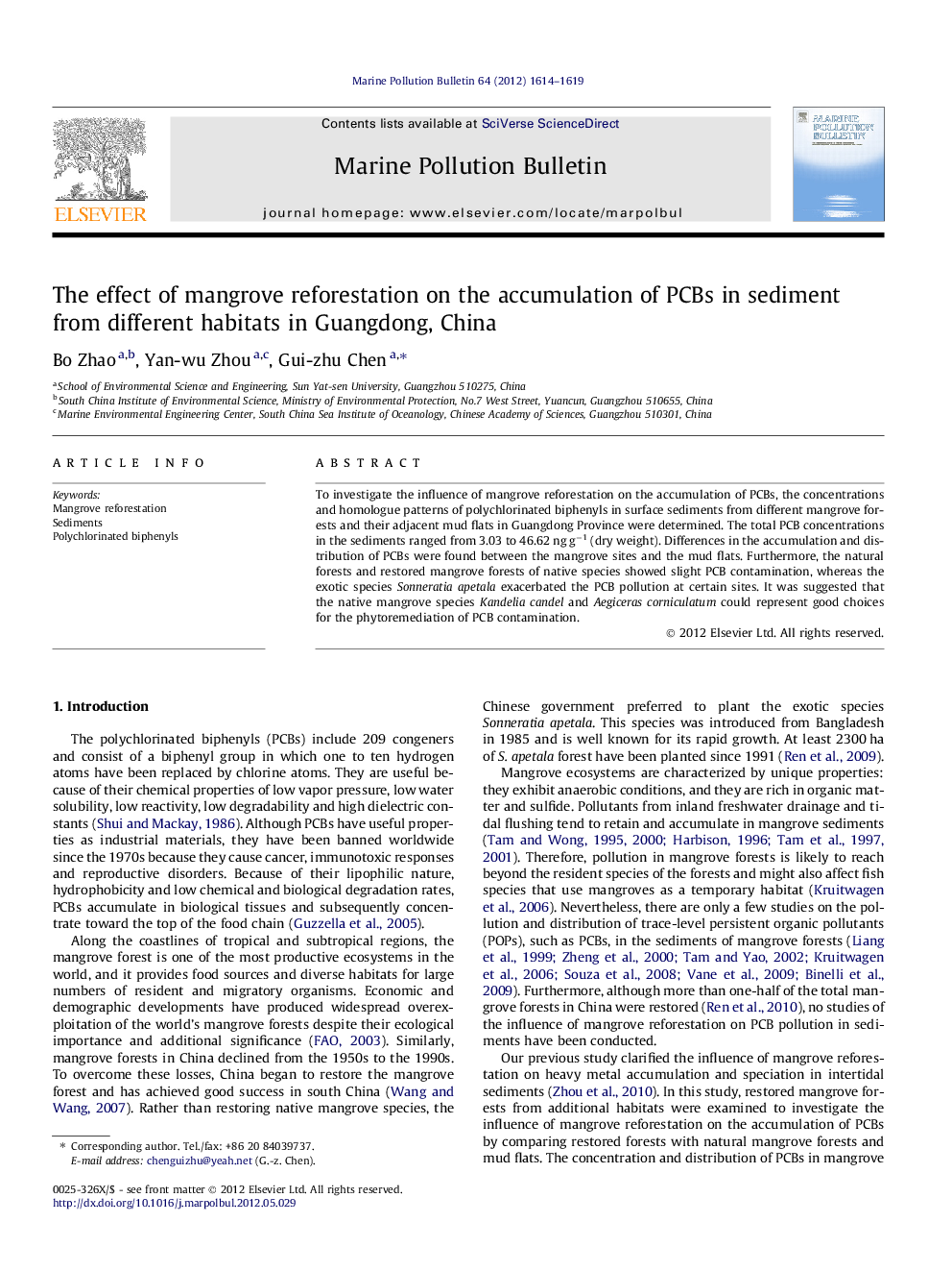 The effect of mangrove reforestation on the accumulation of PCBs in sediment from different habitats in Guangdong, China