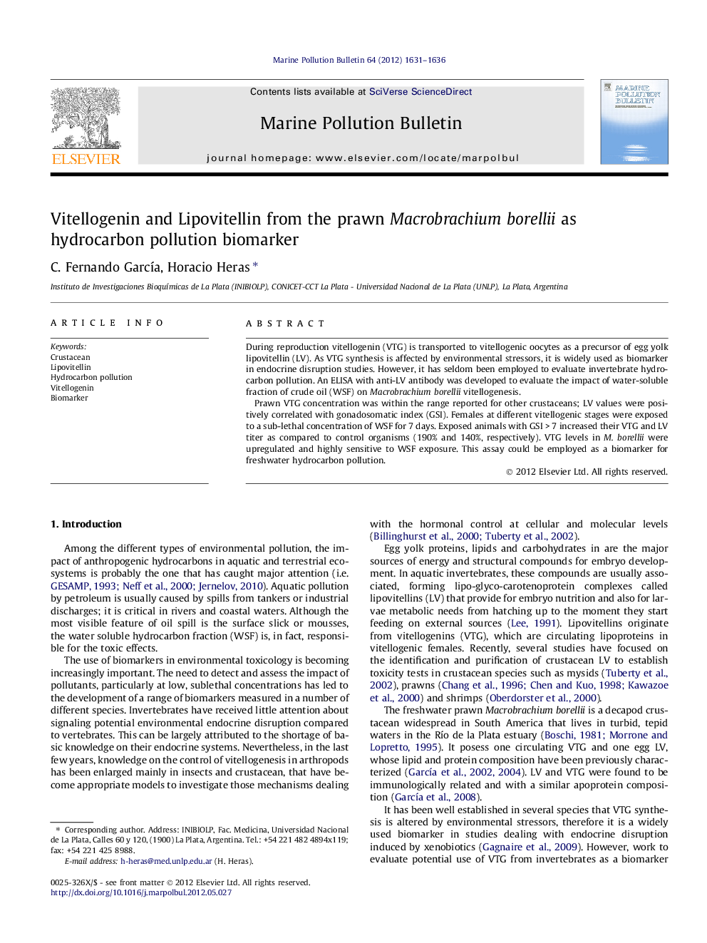 Vitellogenin and Lipovitellin from the prawn Macrobrachium borellii as hydrocarbon pollution biomarker