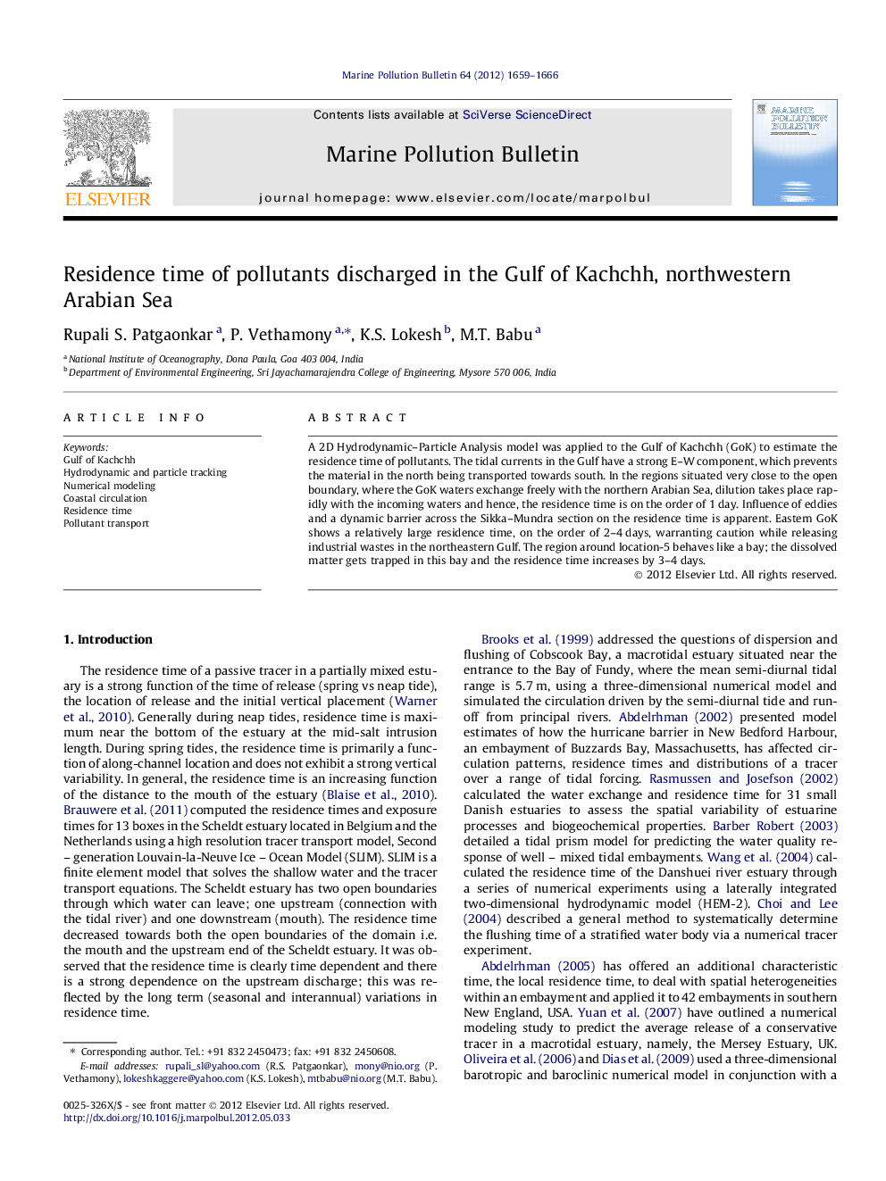 Residence time of pollutants discharged in the Gulf of Kachchh, northwestern Arabian Sea