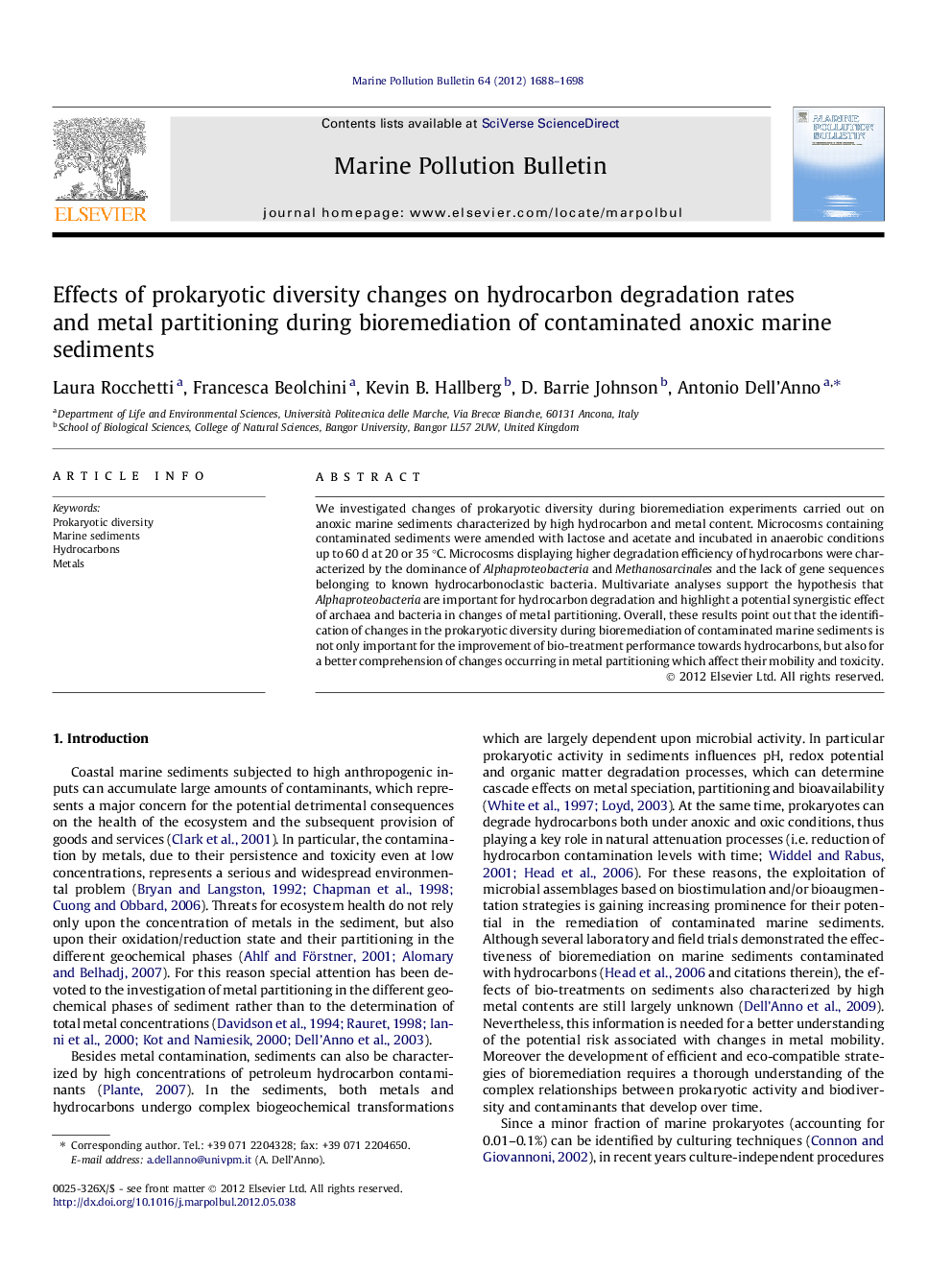 Effects of prokaryotic diversity changes on hydrocarbon degradation rates and metal partitioning during bioremediation of contaminated anoxic marine sediments