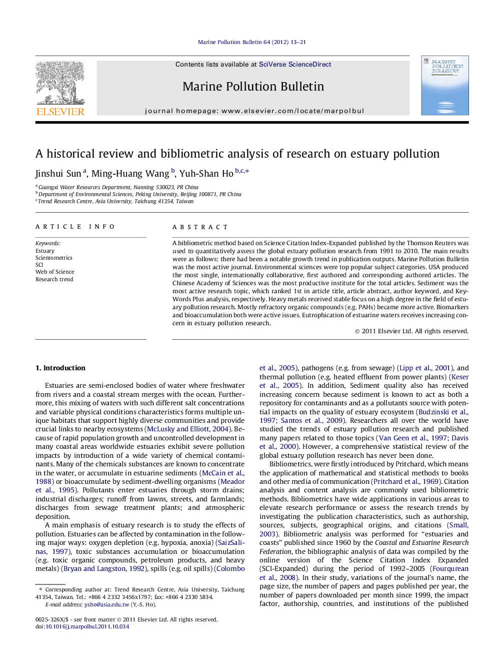 A historical review and bibliometric analysis of research on estuary pollution