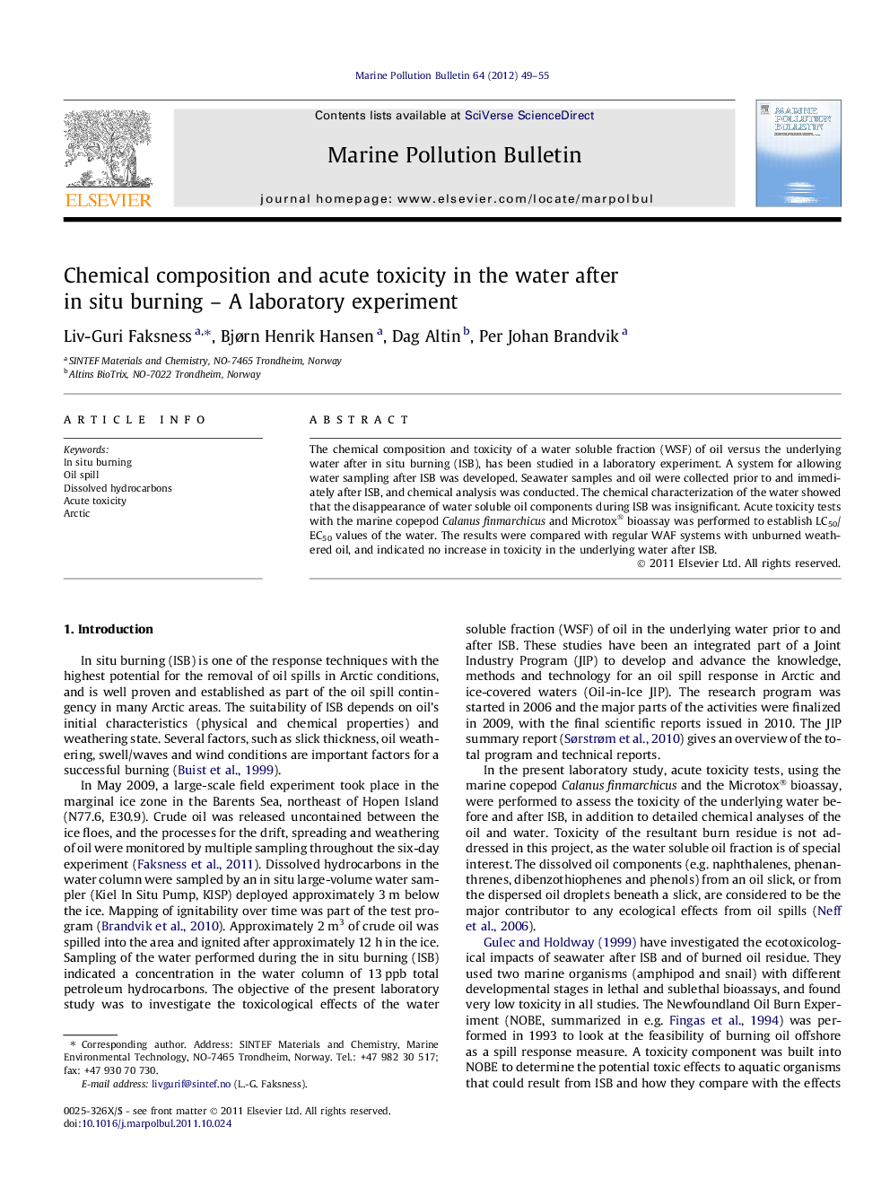 Chemical composition and acute toxicity in the water after in situ burning - A laboratory experiment