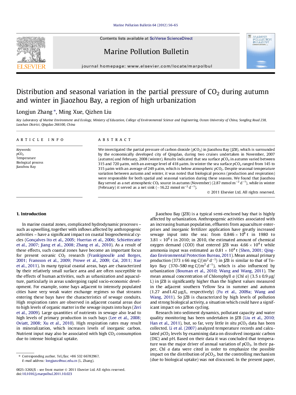 Distribution and seasonal variation in the partial pressure of CO2 during autumn and winter in Jiaozhou Bay, a region of high urbanization