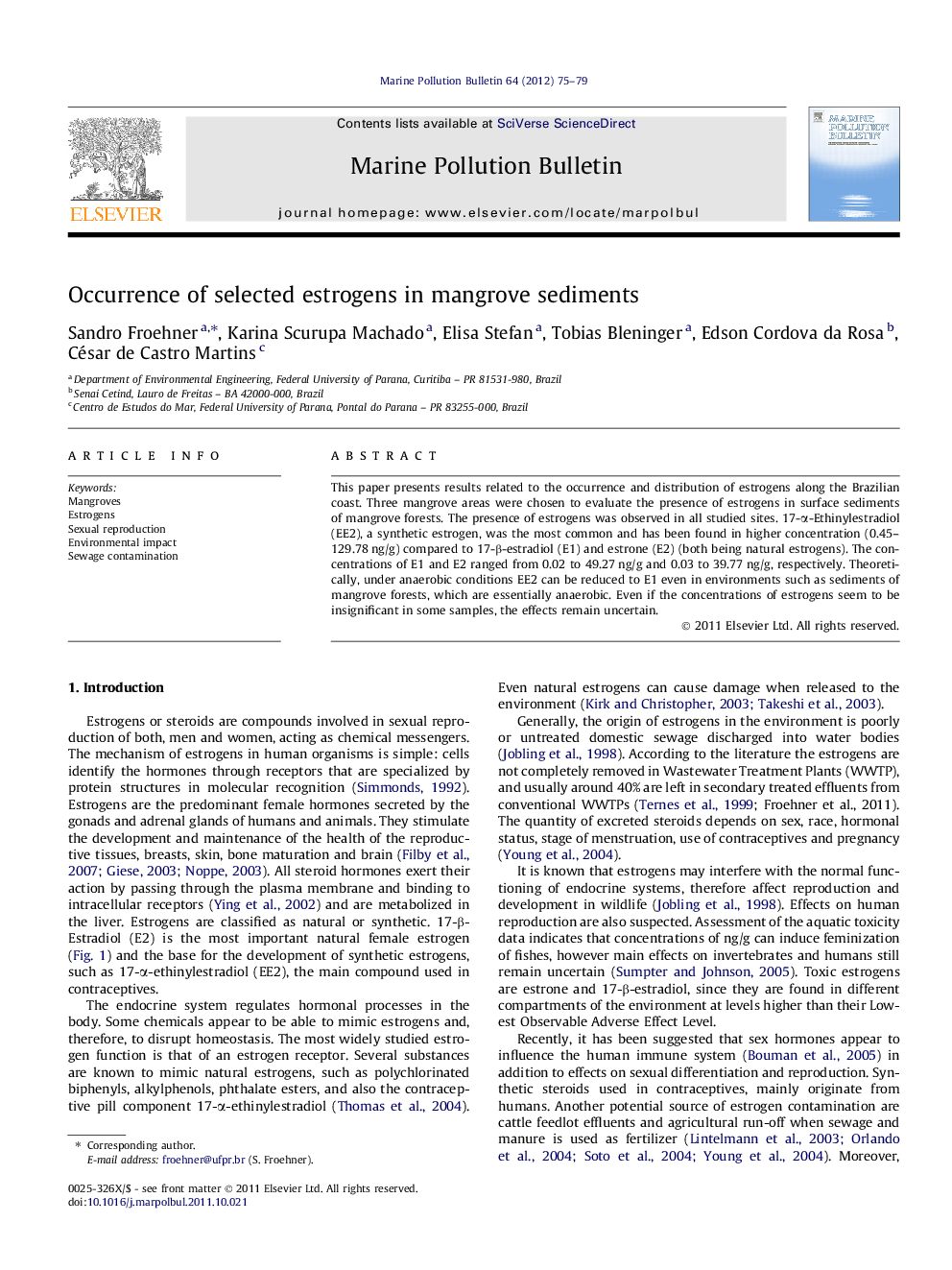 Occurrence of selected estrogens in mangrove sediments