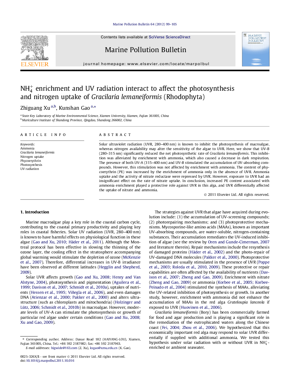 NH4+ enrichment and UV radiation interact to affect the photosynthesis and nitrogen uptake of Gracilaria lemaneiformis (Rhodophyta)