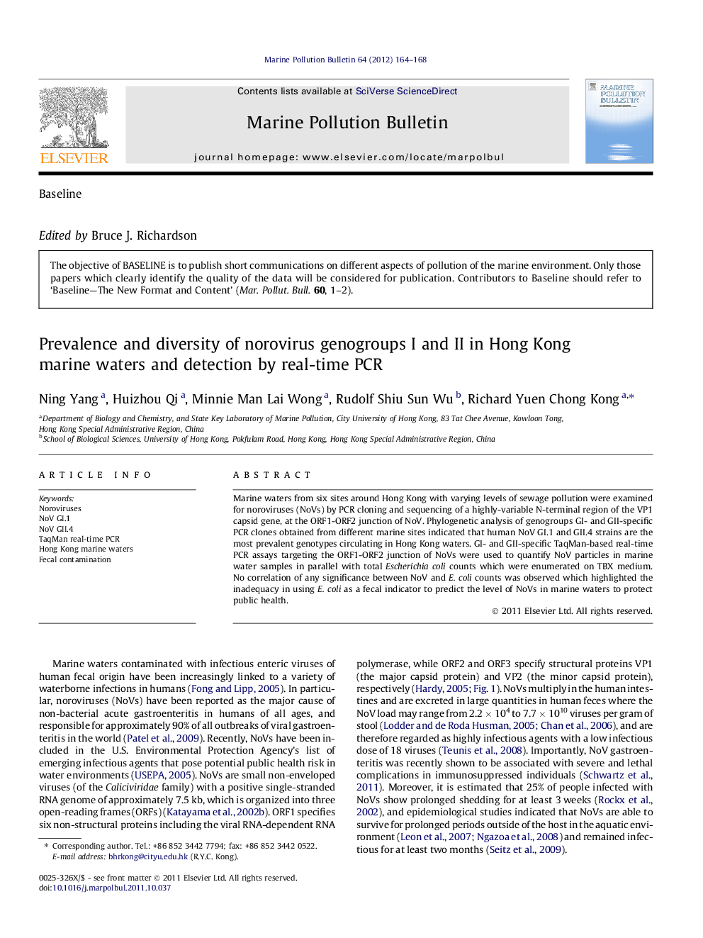 Prevalence and diversity of norovirus genogroups I and II in Hong Kong marine waters and detection by real-time PCR