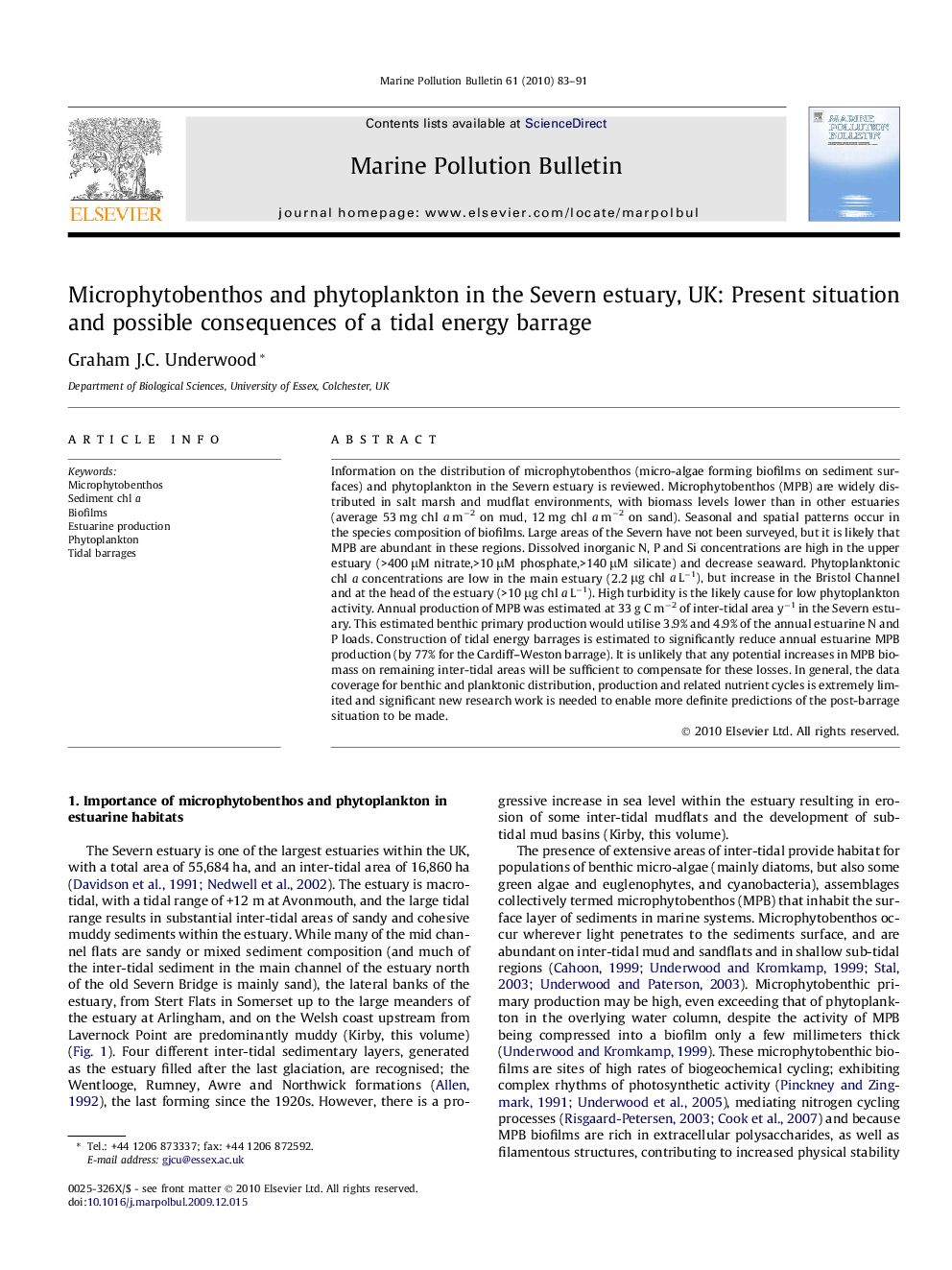 Microphytobenthos and phytoplankton in the Severn estuary, UK: Present situation and possible consequences of a tidal energy barrage