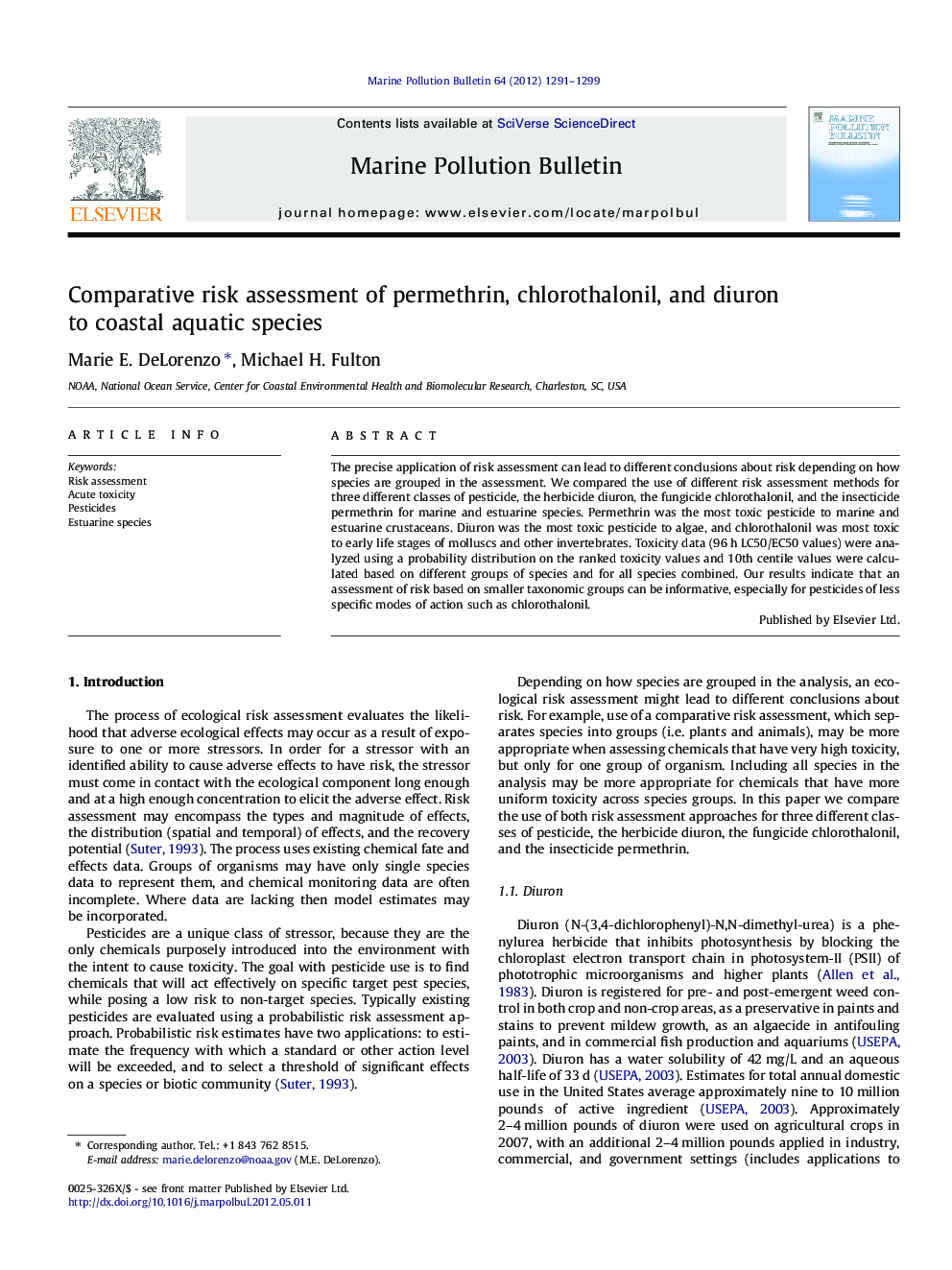 Comparative risk assessment of permethrin, chlorothalonil, and diuron to coastal aquatic species