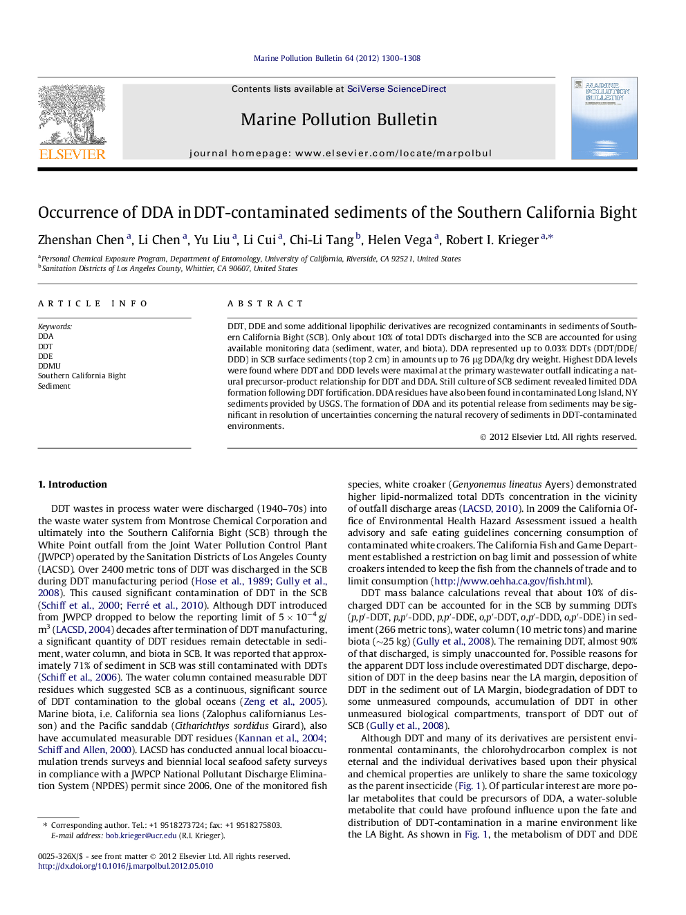 Occurrence of DDA in DDT-contaminated sediments of the Southern California Bight