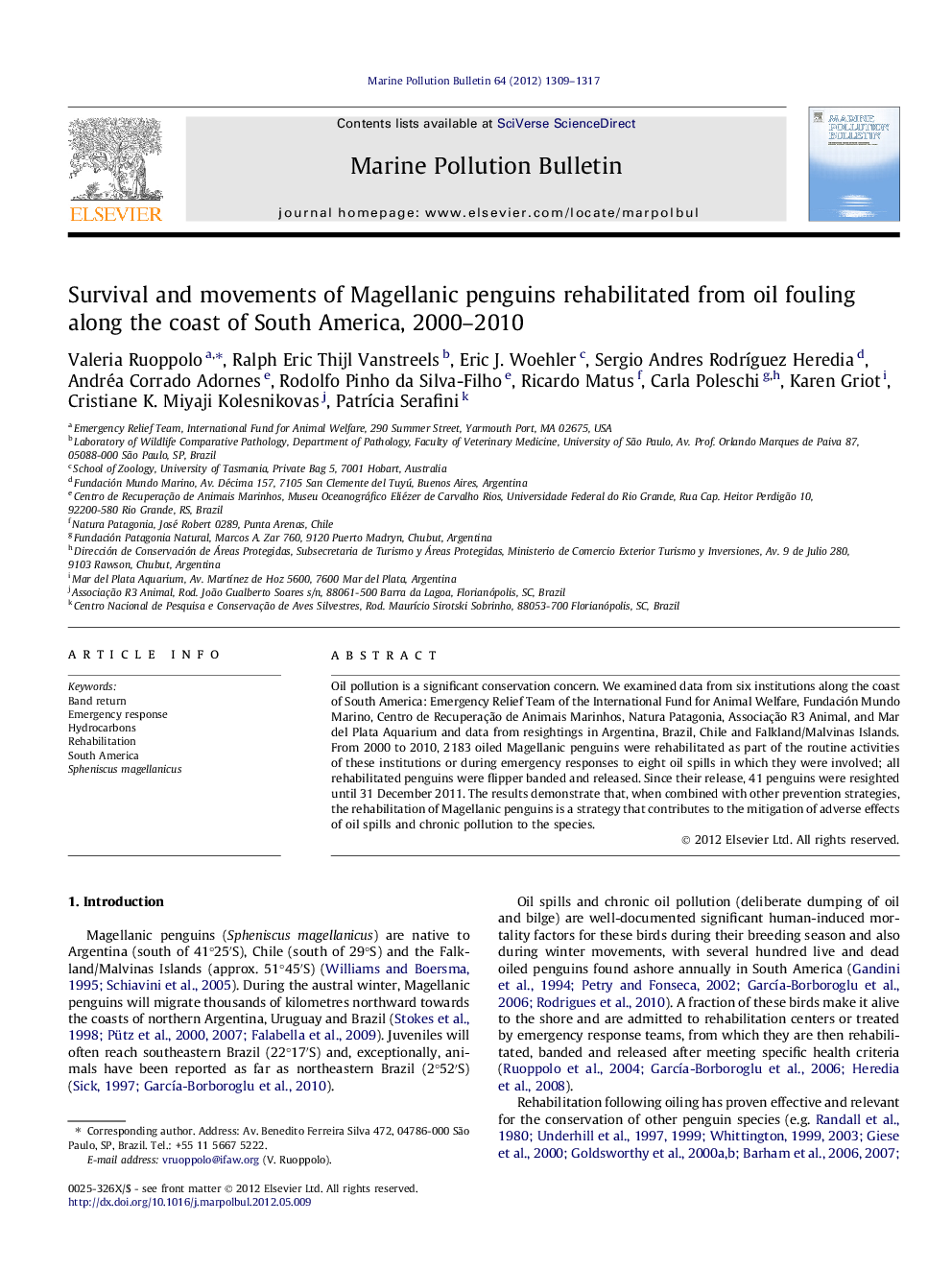 Survival and movements of Magellanic penguins rehabilitated from oil fouling along the coast of South America, 2000-2010