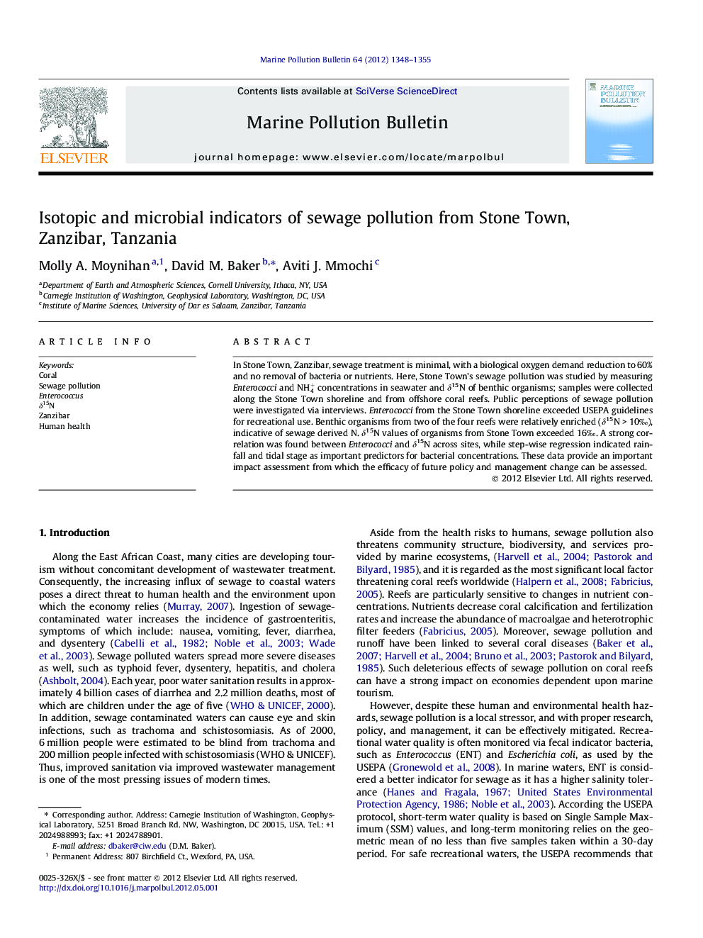 Isotopic and microbial indicators of sewage pollution from Stone Town, Zanzibar, Tanzania