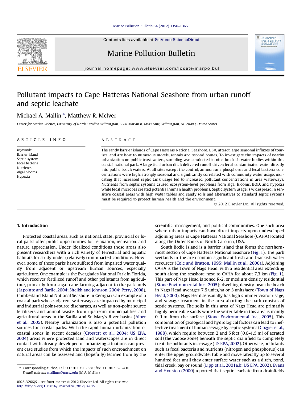 Pollutant impacts to Cape Hatteras National Seashore from urban runoff and septic leachate