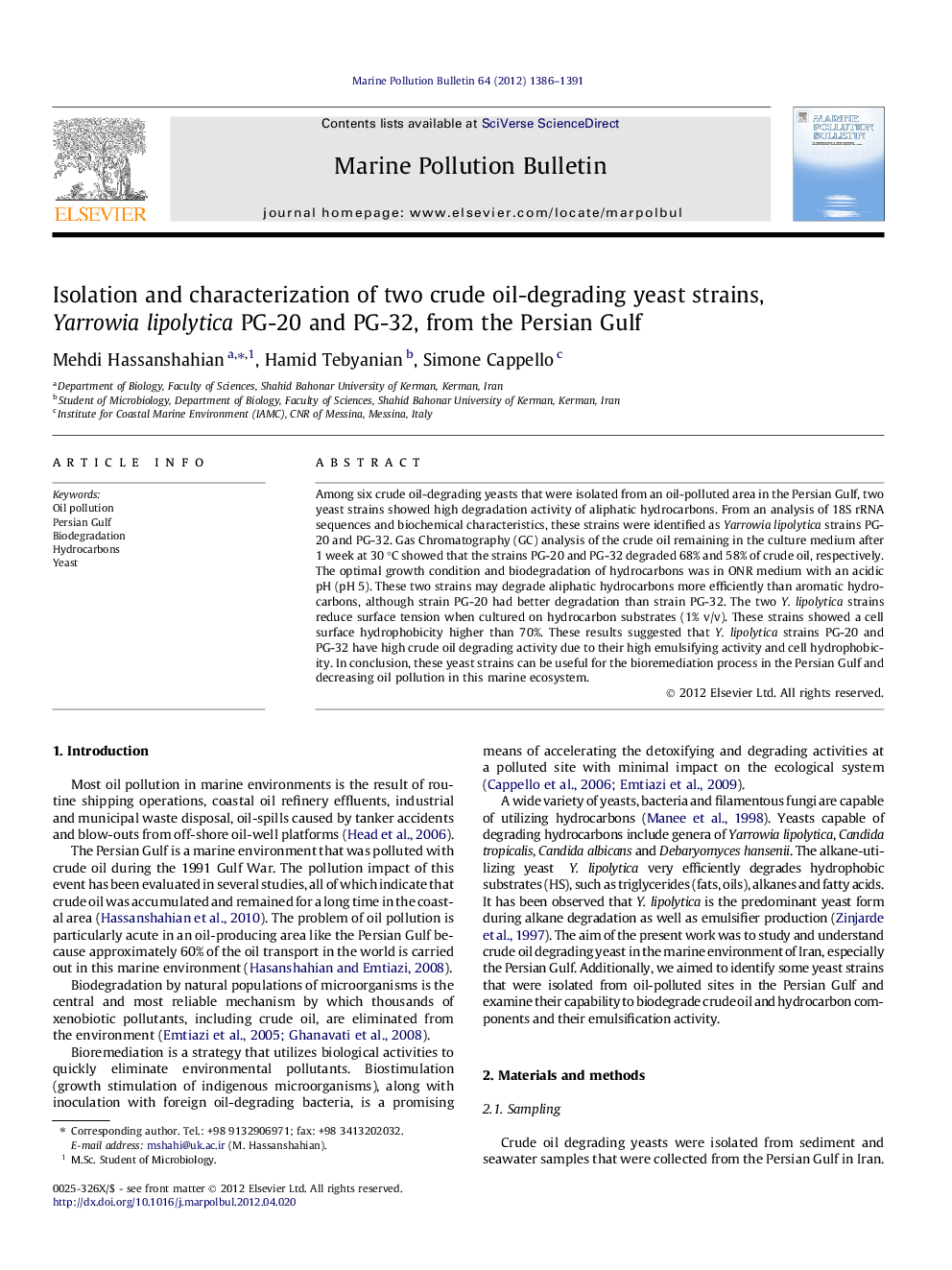 Isolation and characterization of two crude oil-degrading yeast strains, Yarrowia lipolytica PG-20 and PG-32, from the Persian Gulf