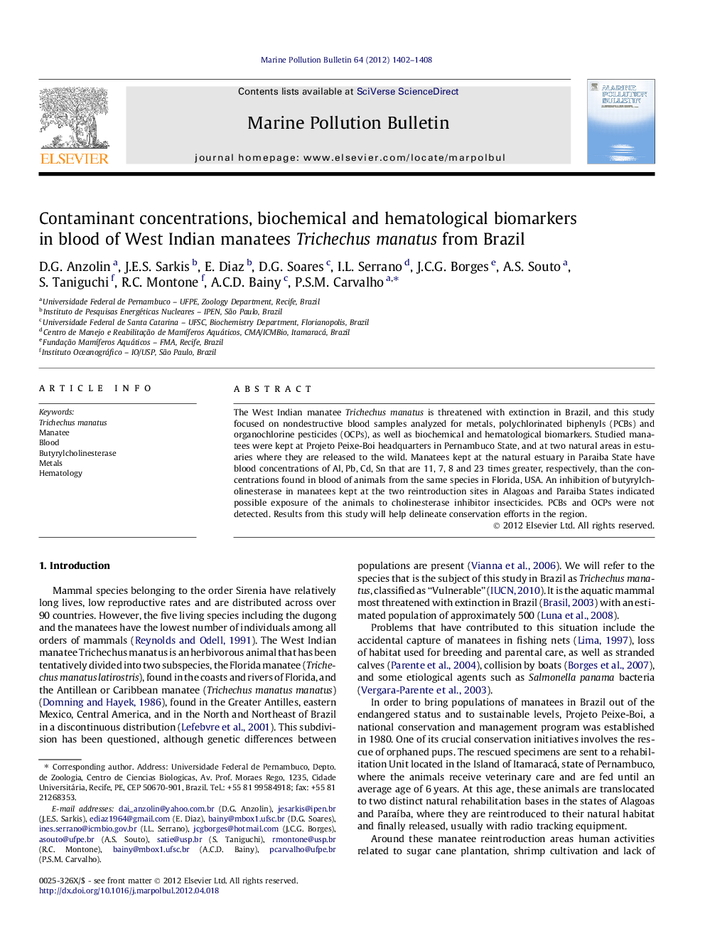 Contaminant concentrations, biochemical and hematological biomarkers in blood of West Indian manatees Trichechus manatus from Brazil