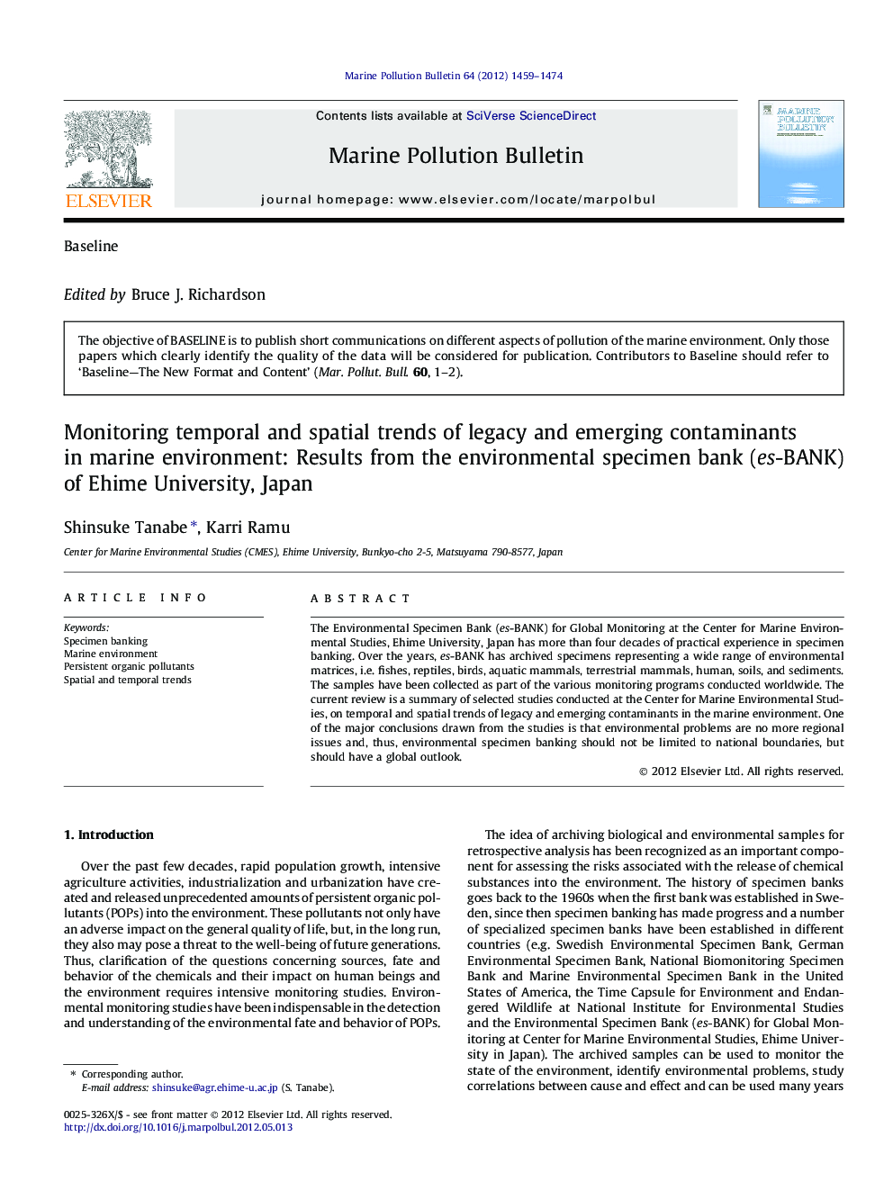 Monitoring temporal and spatial trends of legacy and emerging contaminants in marine environment: Results from the environmental specimen bank (es-BANK) of Ehime University, Japan