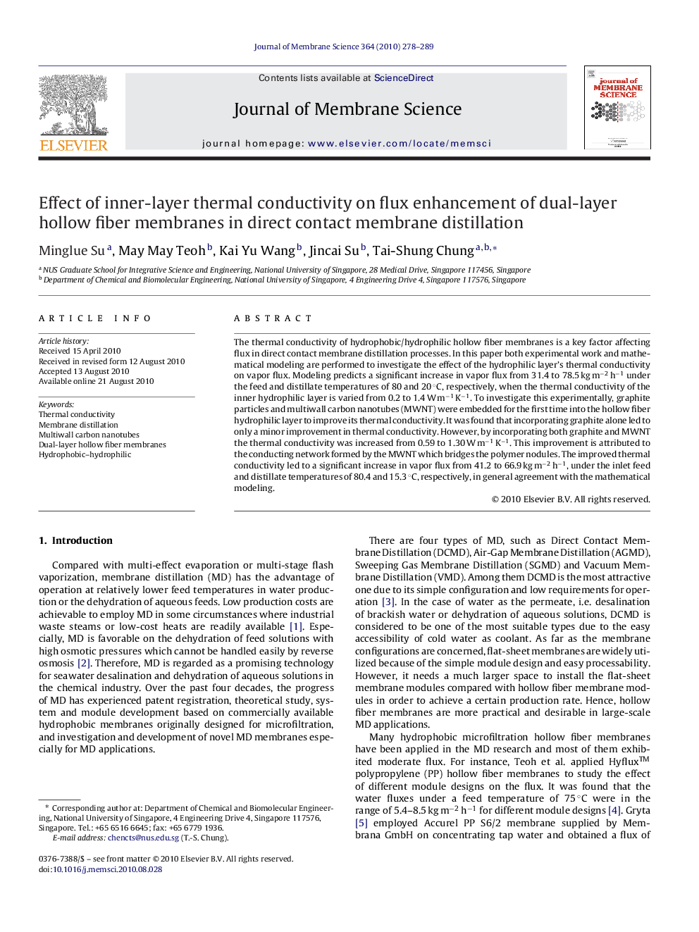 Effect of inner-layer thermal conductivity on flux enhancement of dual-layer hollow fiber membranes in direct contact membrane distillation