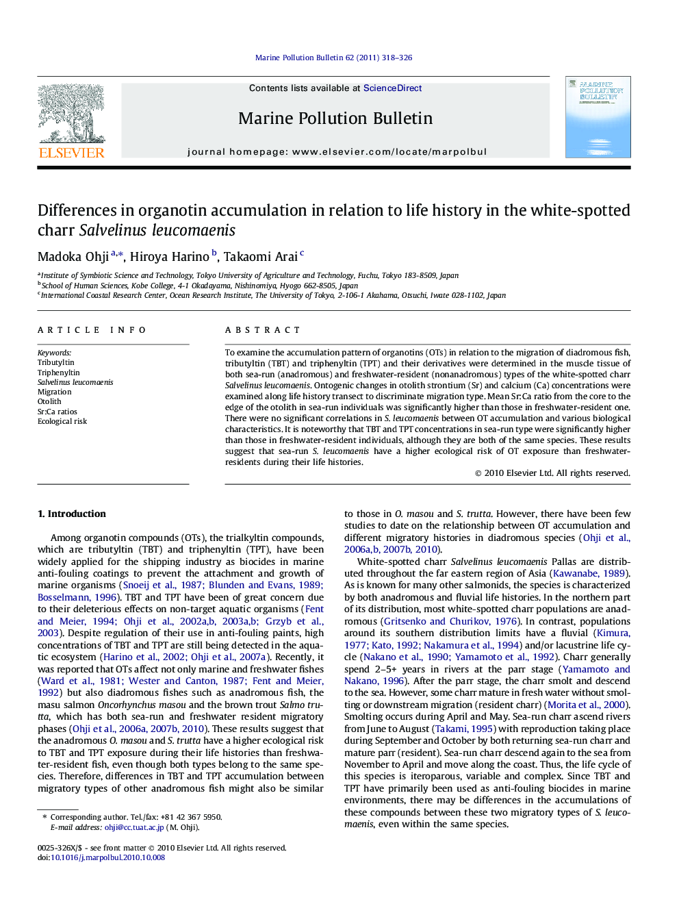 Differences in organotin accumulation in relation to life history in the white-spotted charr Salvelinus leucomaenis