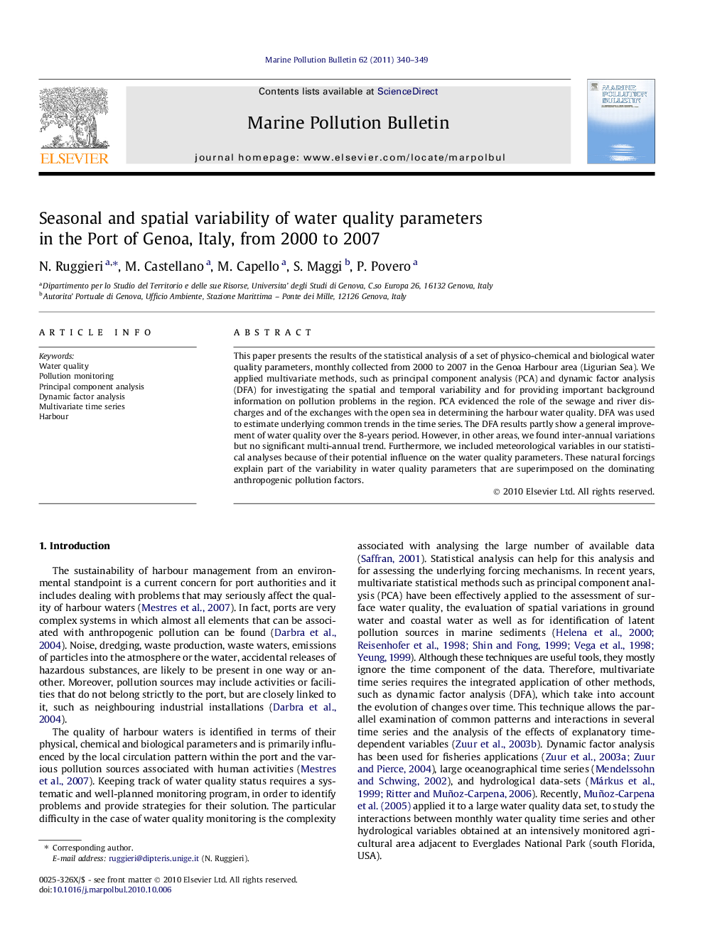 Seasonal and spatial variability of water quality parameters in the Port of Genoa, Italy, from 2000 to 2007