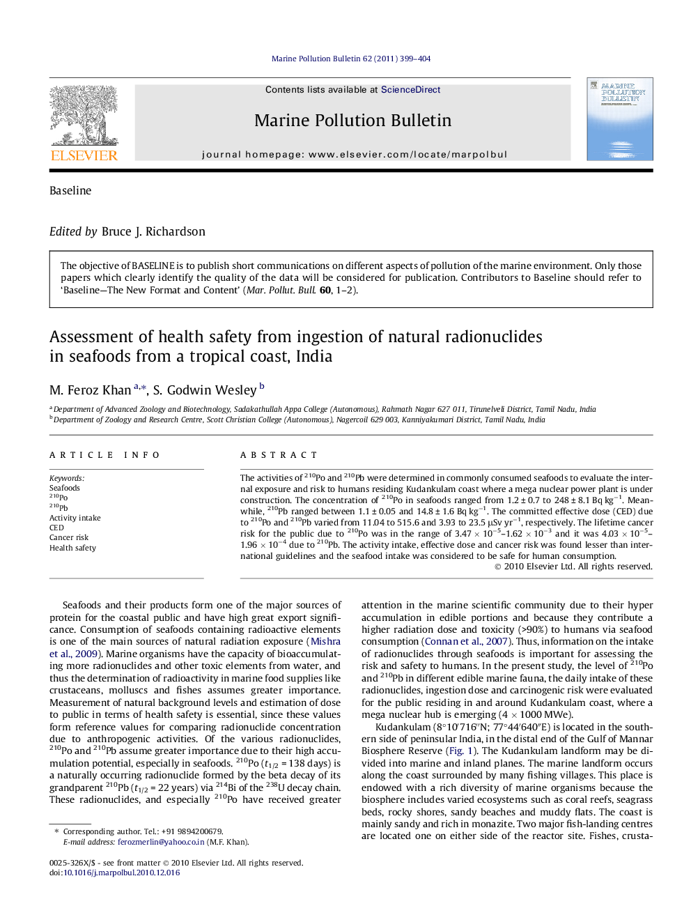 Assessment of health safety from ingestion of natural radionuclides in seafoods from a tropical coast, India