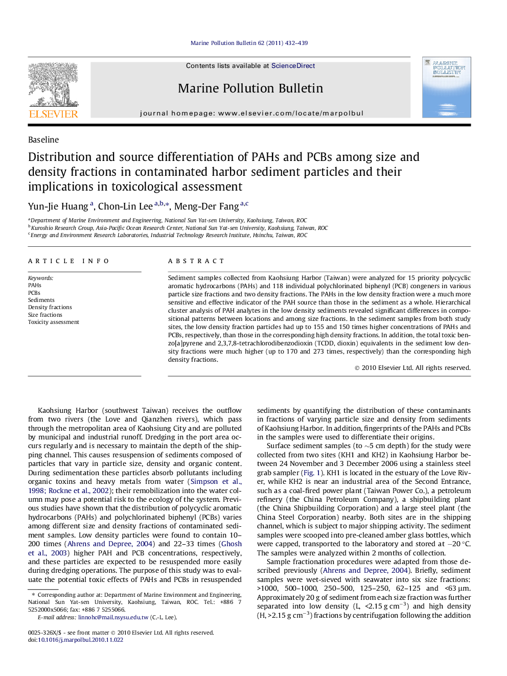 Distribution and source differentiation of PAHs and PCBs among size and density fractions in contaminated harbor sediment particles and their implications in toxicological assessment