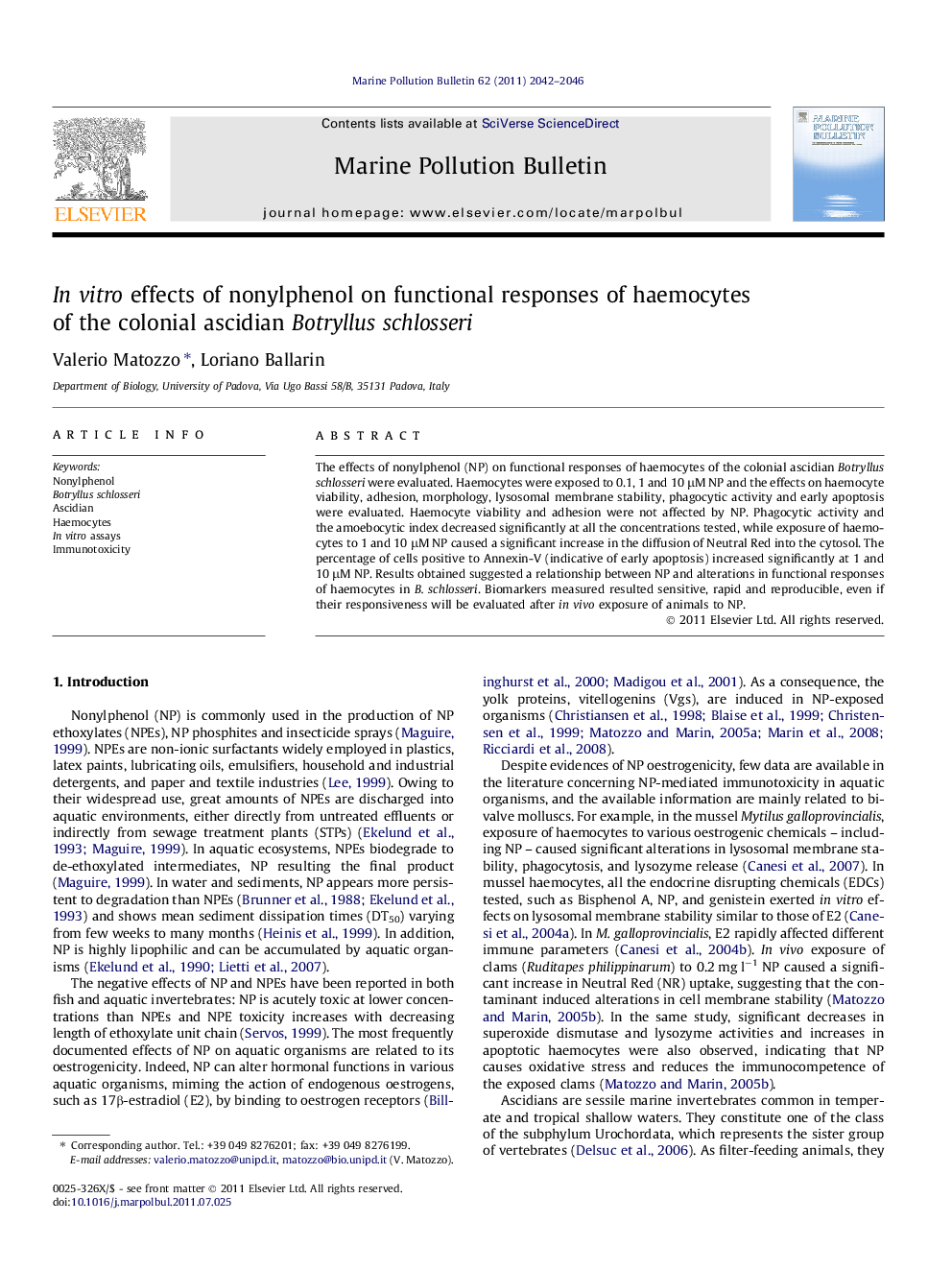 In vitro effects of nonylphenol on functional responses of haemocytes of the colonial ascidian Botryllus schlosseri