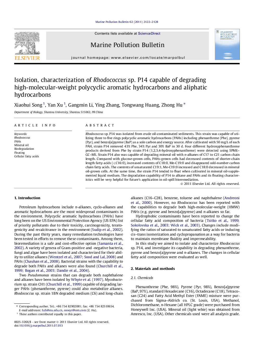 Isolation, characterization of Rhodococcus sp. P14 capable of degrading high-molecular-weight polycyclic aromatic hydrocarbons and aliphatic hydrocarbons