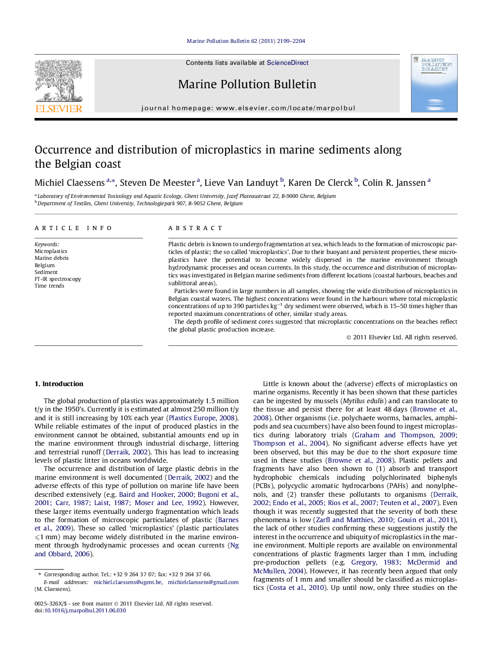 Occurrence and distribution of microplastics in marine sediments along the Belgian coast