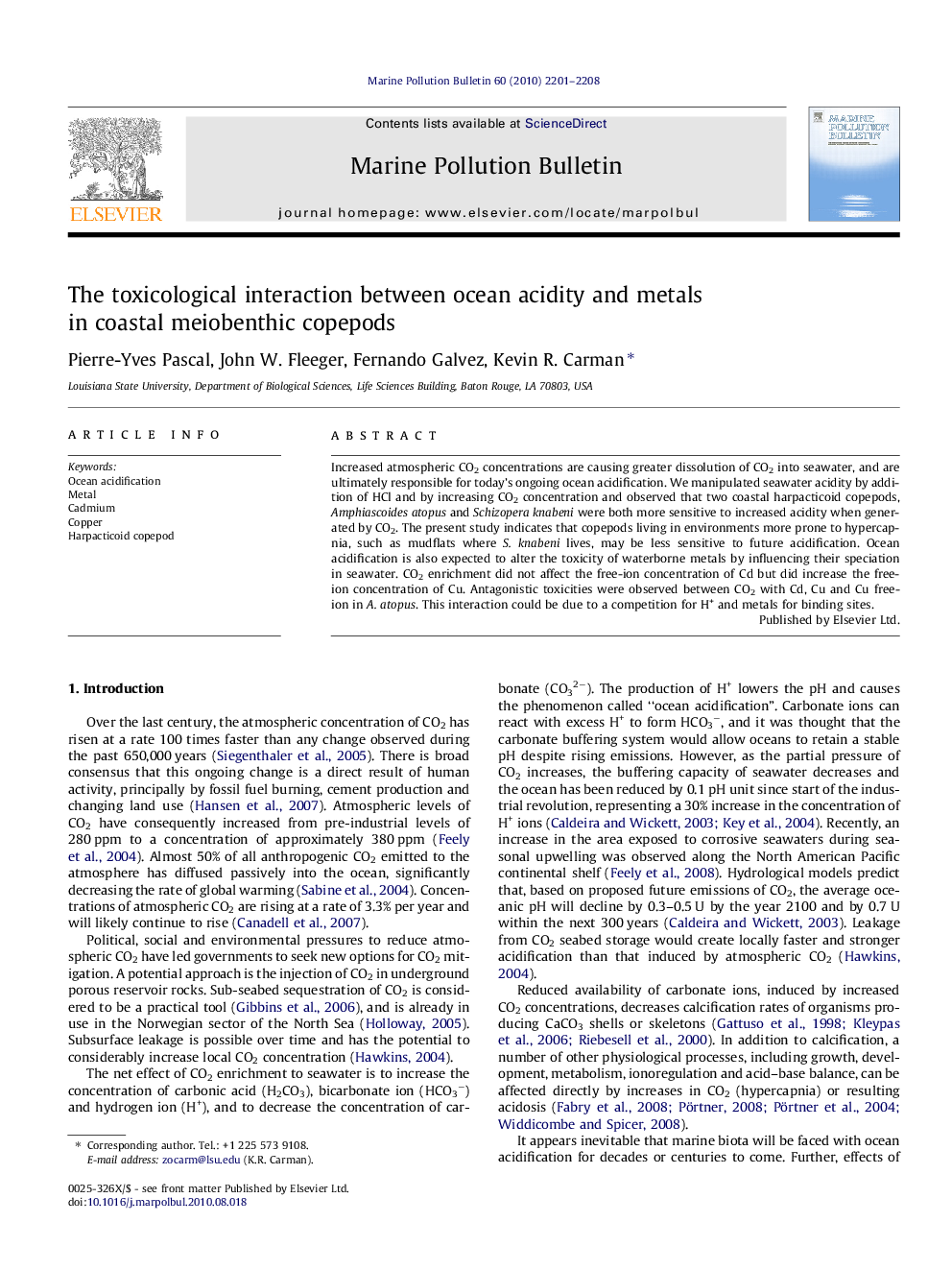 The toxicological interaction between ocean acidity and metals in coastal meiobenthic copepods