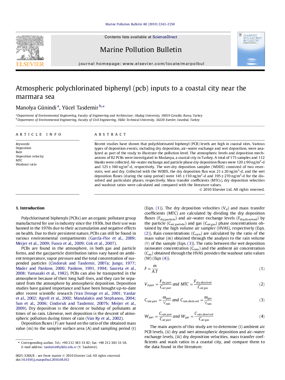 Atmospheric polychlorinated biphenyl (pcb) inputs to a coastal city near the marmara sea