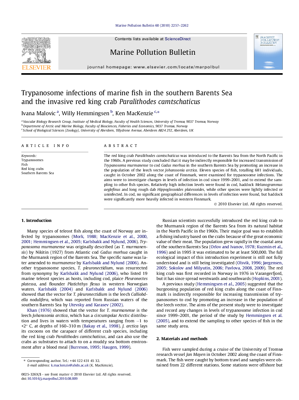 Trypanosome infections of marine fish in the southern Barents Sea and the invasive red king crab Paralithodes camtschaticus