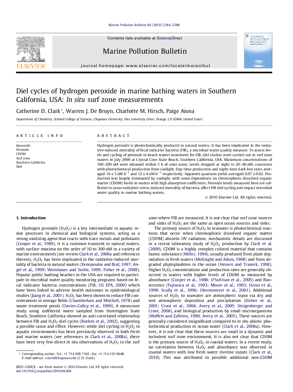 Diel cycles of hydrogen peroxide in marine bathing waters in Southern California, USA: In situ surf zone measurements