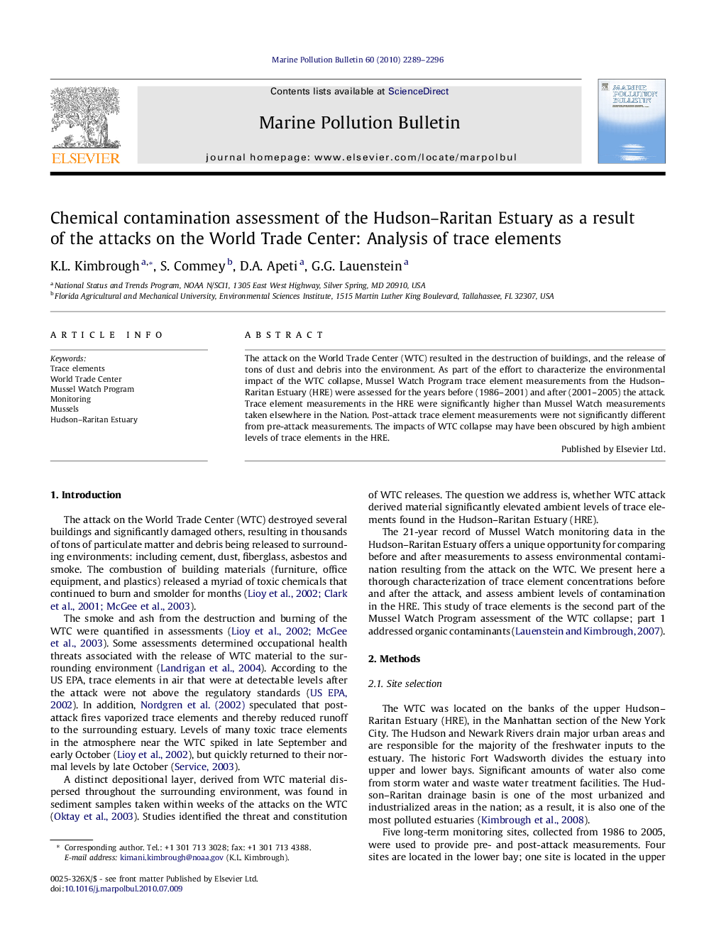 Chemical contamination assessment of the Hudson-Raritan Estuary as a result of the attacks on the World Trade Center: Analysis of trace elements