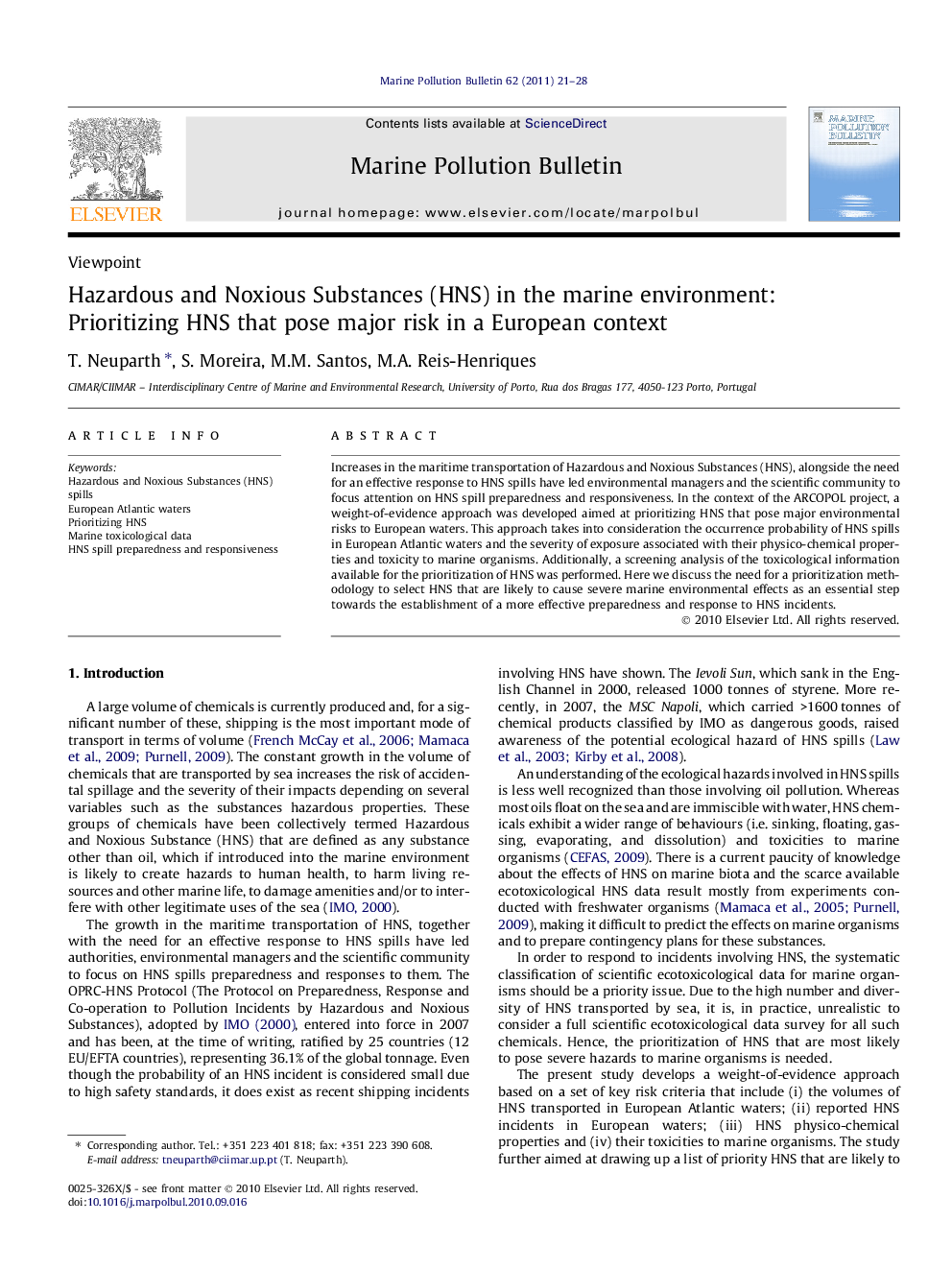 Hazardous and Noxious Substances (HNS) in the marine environment: Prioritizing HNS that pose major risk in a European context