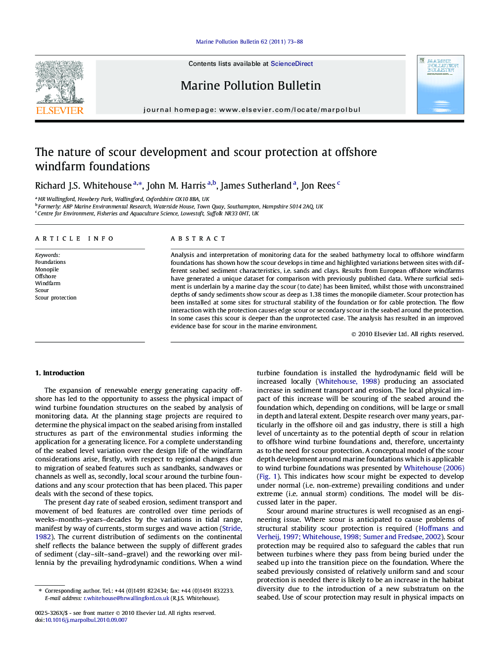 The nature of scour development and scour protection at offshore windfarm foundations