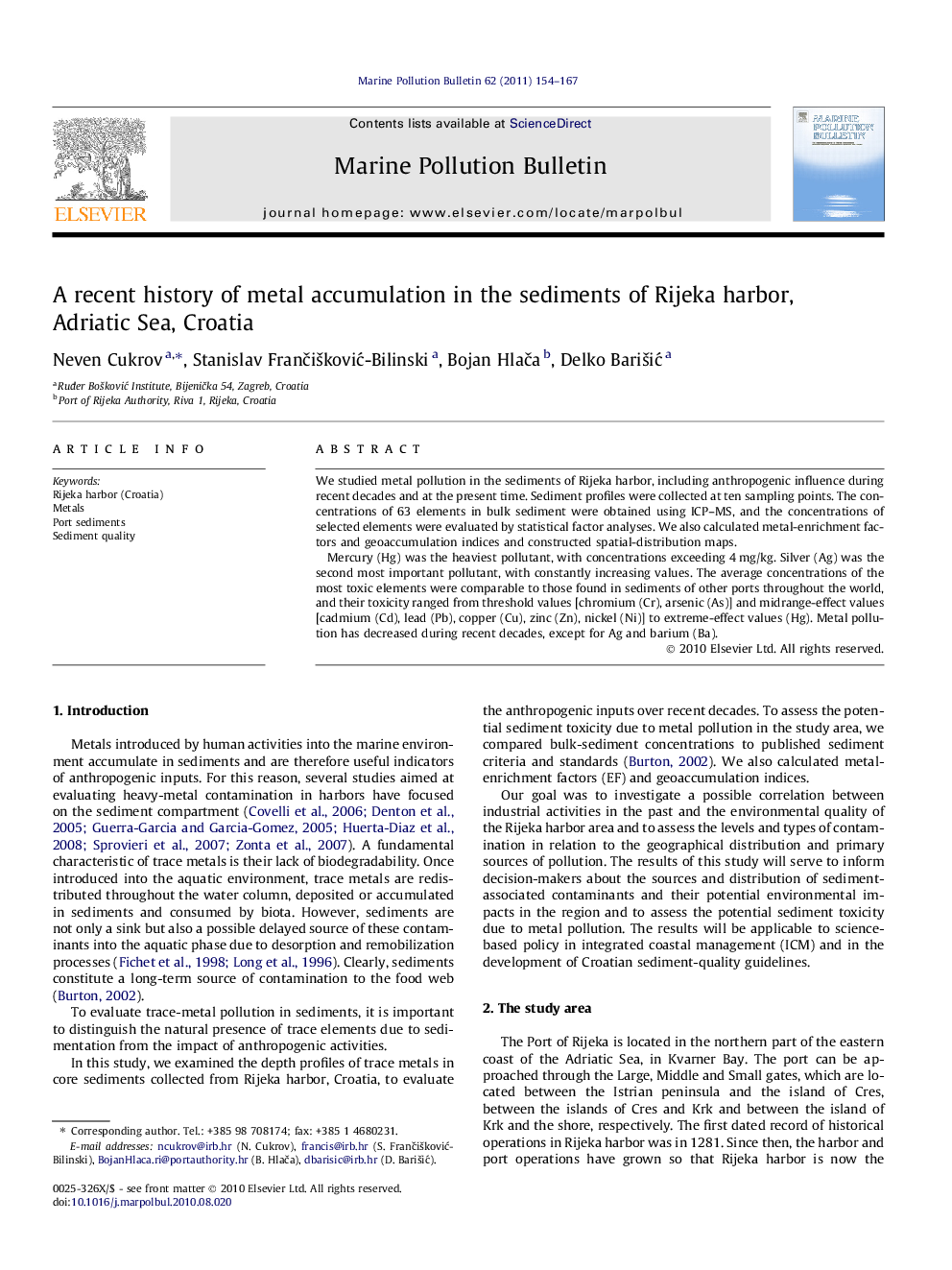 A recent history of metal accumulation in the sediments of Rijeka harbor, Adriatic Sea, Croatia