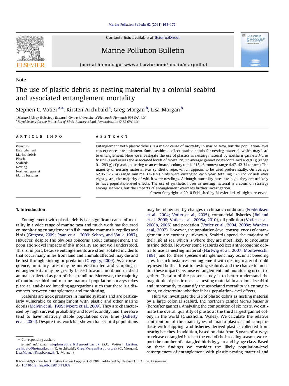 The use of plastic debris as nesting material by a colonial seabird and associated entanglement mortality