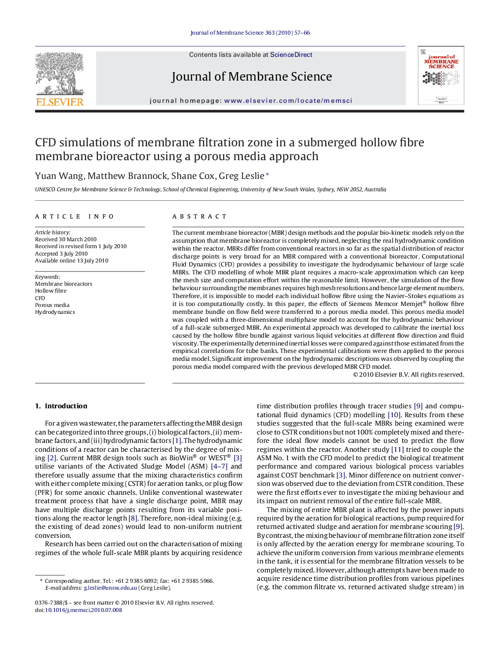 CFD simulations of membrane filtration zone in a submerged hollow fibre membrane bioreactor using a porous media approach