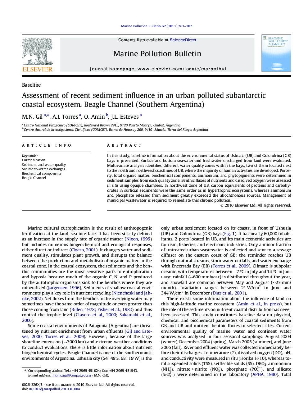 BaselineAssessment of recent sediment influence in an urban polluted subantarctic coastal ecosystem. Beagle Channel (Southern Argentina)