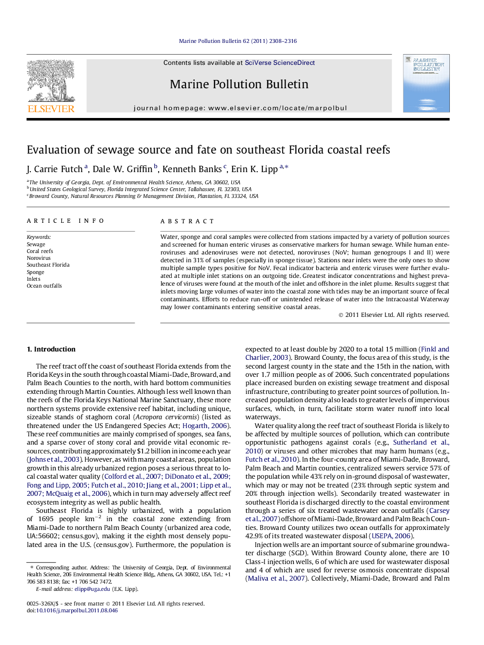 Evaluation of sewage source and fate on southeast Florida coastal reefs