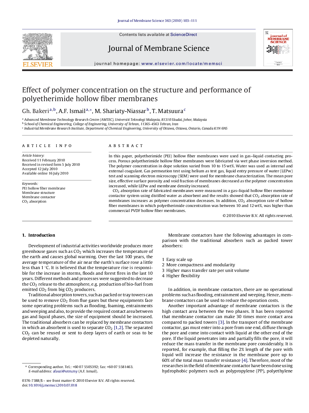 Effect of polymer concentration on the structure and performance of polyetherimide hollow fiber membranes