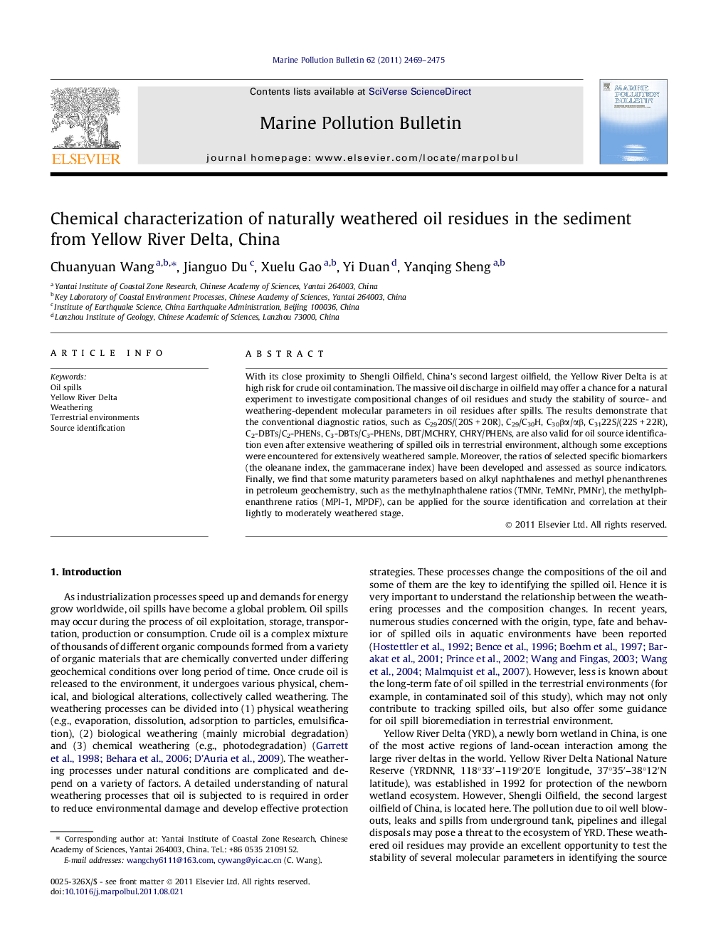 Chemical characterization of naturally weathered oil residues in the sediment from Yellow River Delta, China