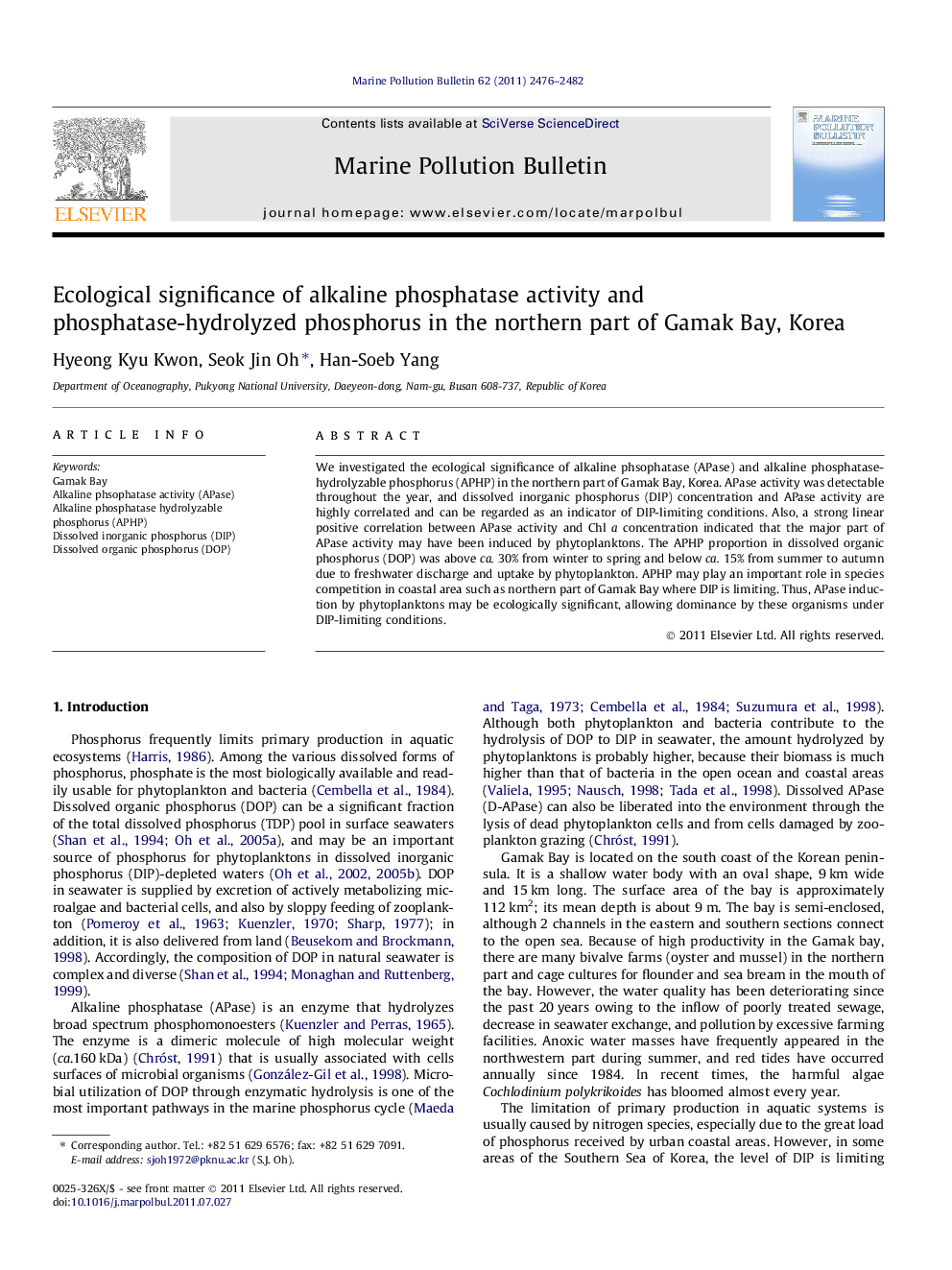 Ecological significance of alkaline phosphatase activity and phosphatase-hydrolyzed phosphorus in the northern part of Gamak Bay, Korea