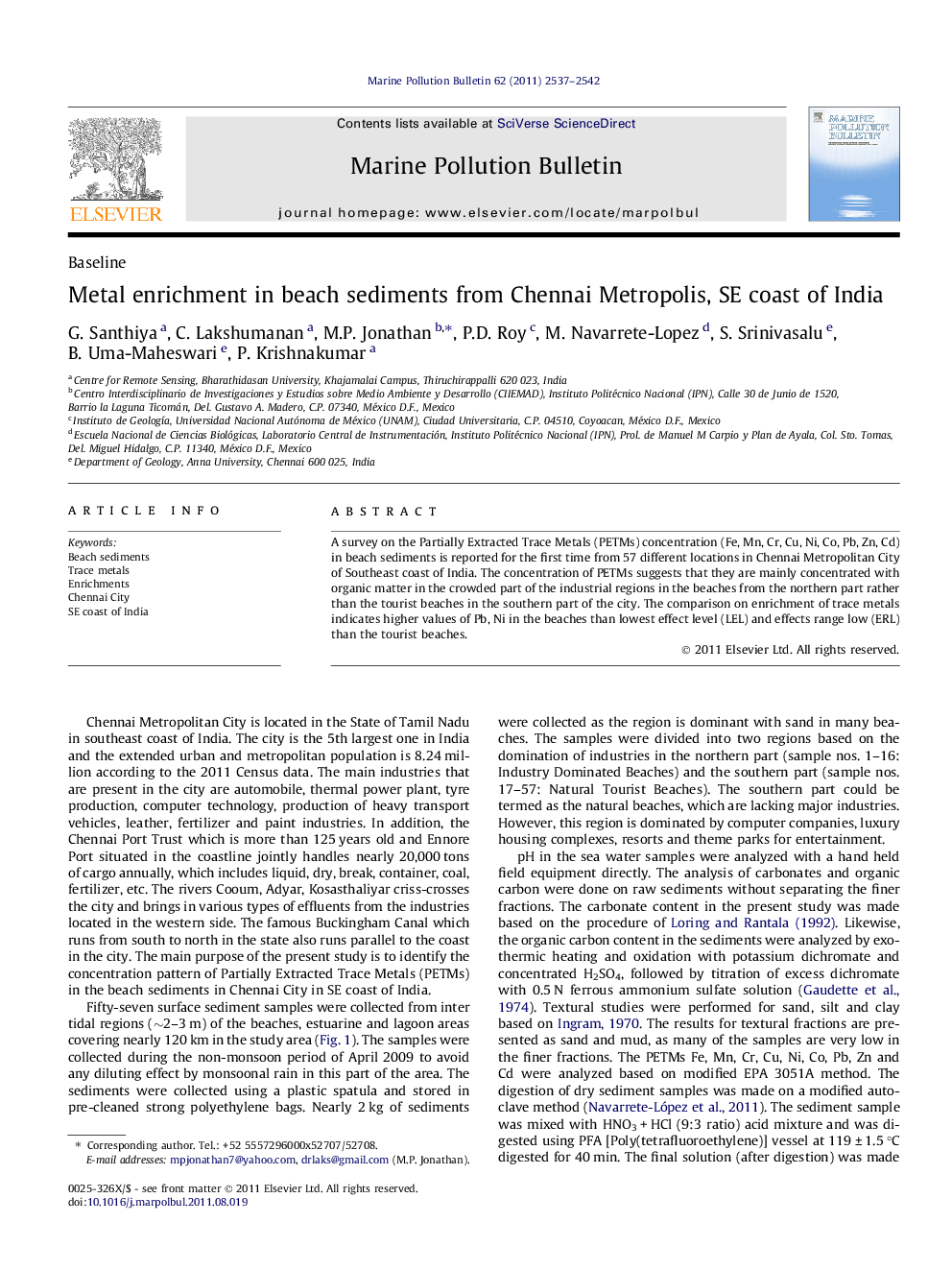 Metal enrichment in beach sediments from Chennai Metropolis, SE coast of India