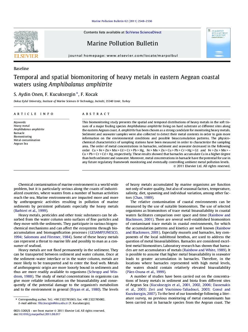 Temporal and spatial biomonitoring of heavy metals in eastern Aegean coastal waters using Amphibalanus amphitrite