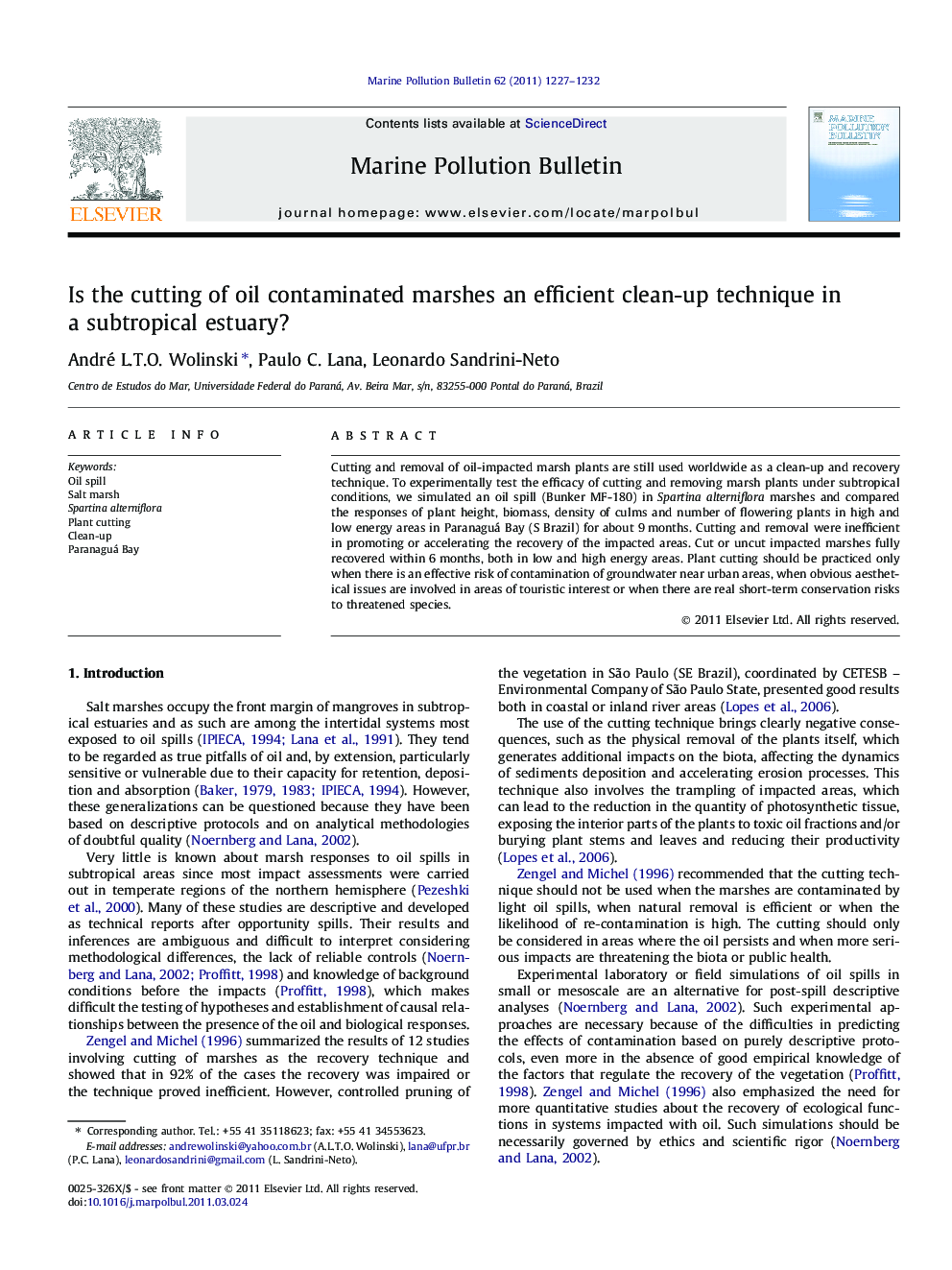 Is the cutting of oil contaminated marshes an efficient clean-up technique in a subtropical estuary?