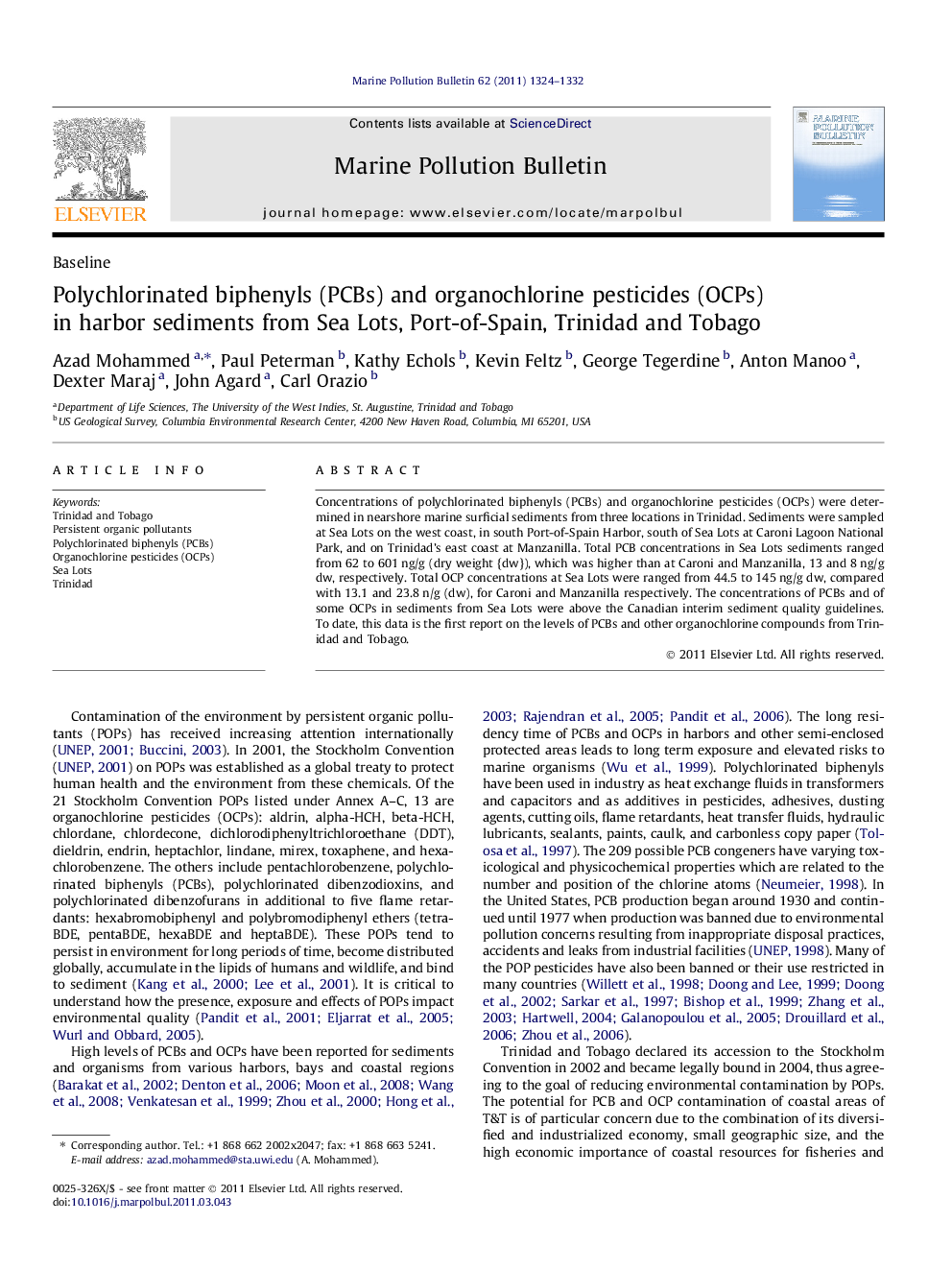 Polychlorinated biphenyls (PCBs) and organochlorine pesticides (OCPs) in harbor sediments from Sea Lots, Port-of-Spain, Trinidad and Tobago