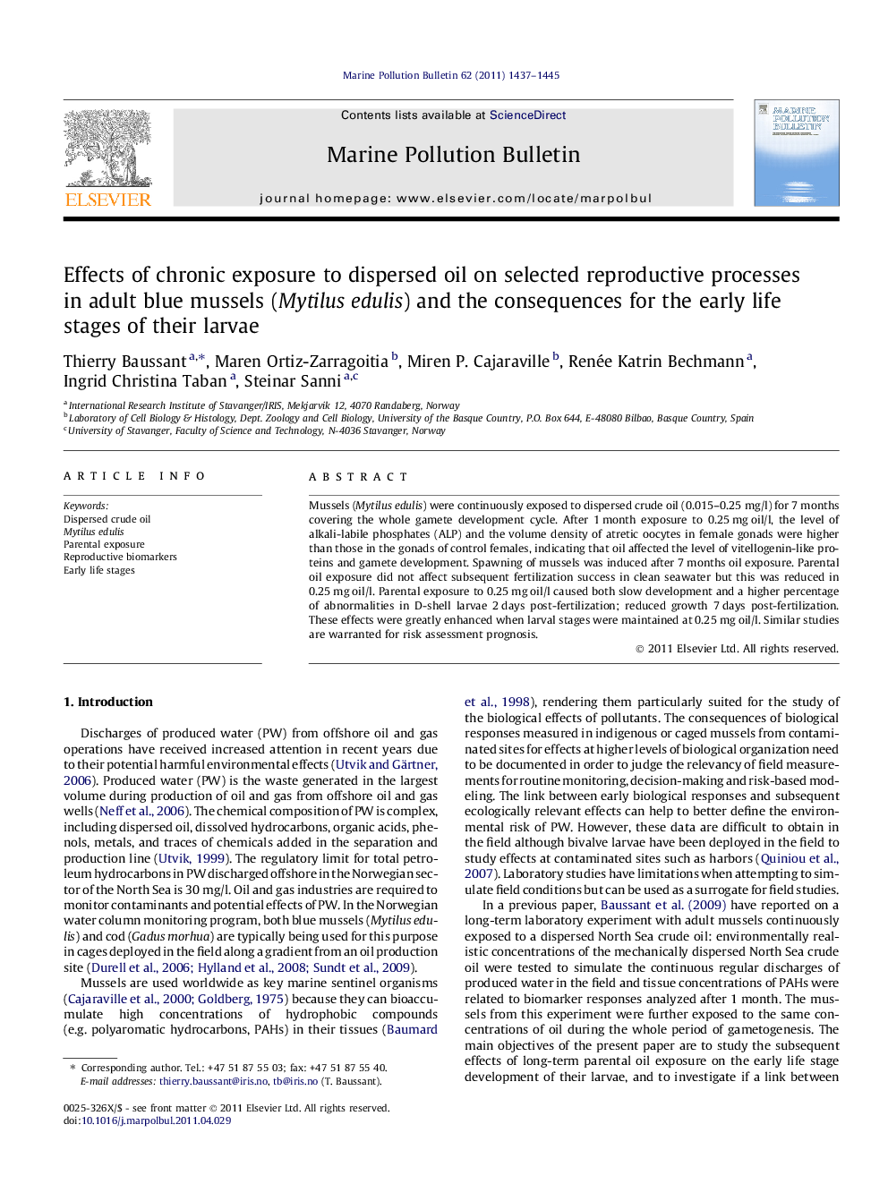 Effects of chronic exposure to dispersed oil on selected reproductive processes in adult blue mussels (Mytilus edulis) and the consequences for the early life stages of their larvae