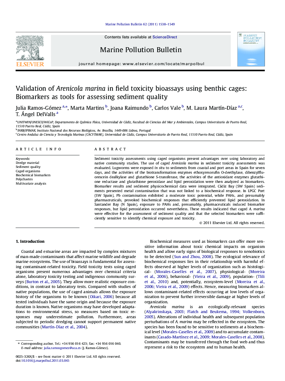 Validation of Arenicola marina in field toxicity bioassays using benthic cages: Biomarkers as tools for assessing sediment quality